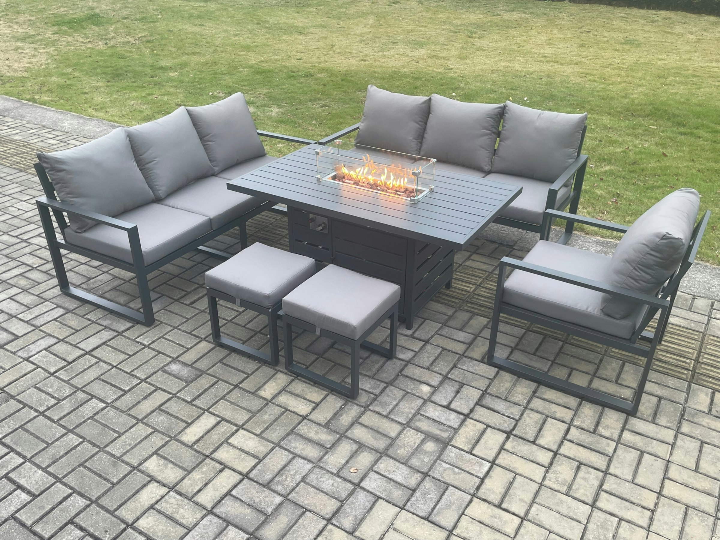 Rackhams Dark/Grey Aluminium 6 Pieces Garden Furniture Sofa Set With Cushions 9 Seater Gas Fire Pit Dining Table Set With 2 Small Footstools