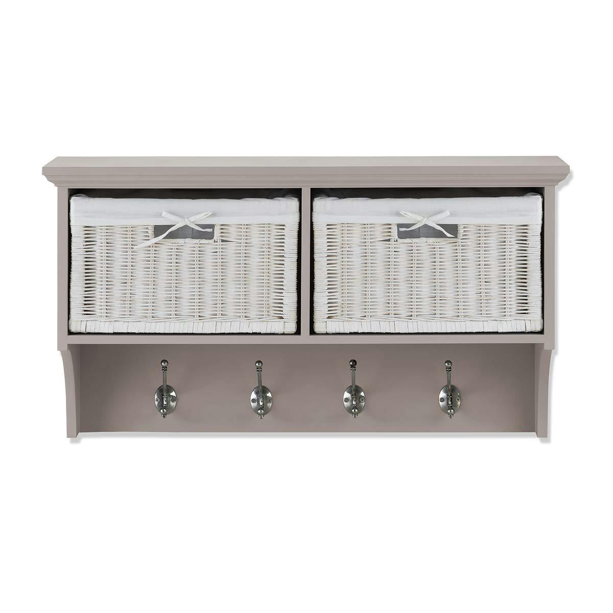 Statement Furniture White/Beige Tetbury Hanging Shelf With 2 Wicker Baskets. Wallmounted Coat Rack Assembled - Truffle,