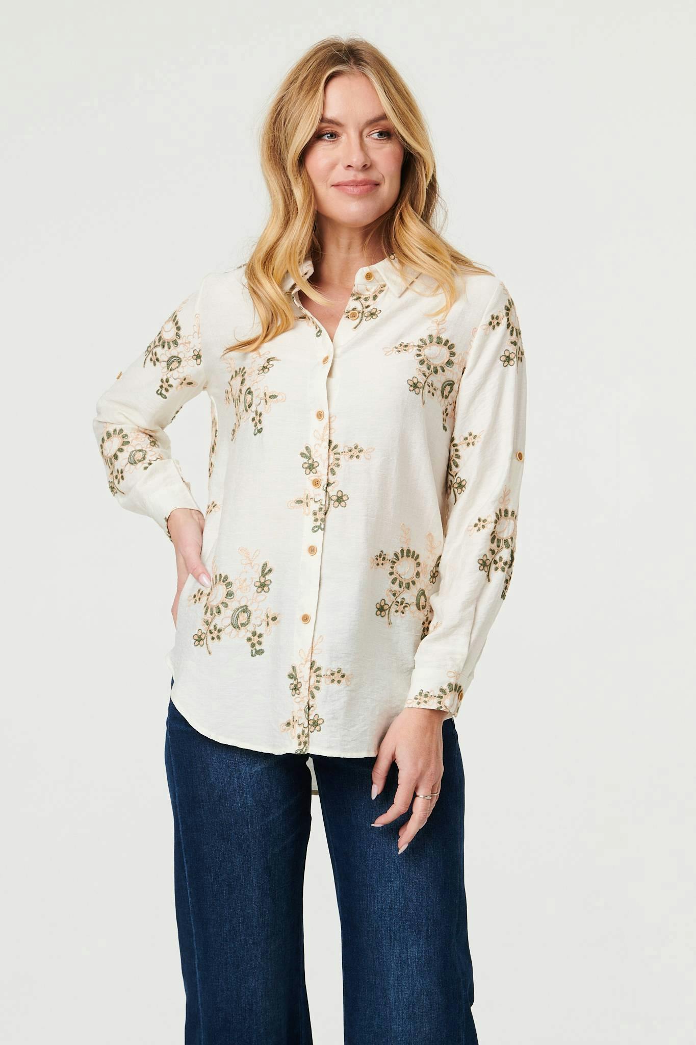 Izabel London Cream Embroidered Floral Long Sleeve Shirt - 14