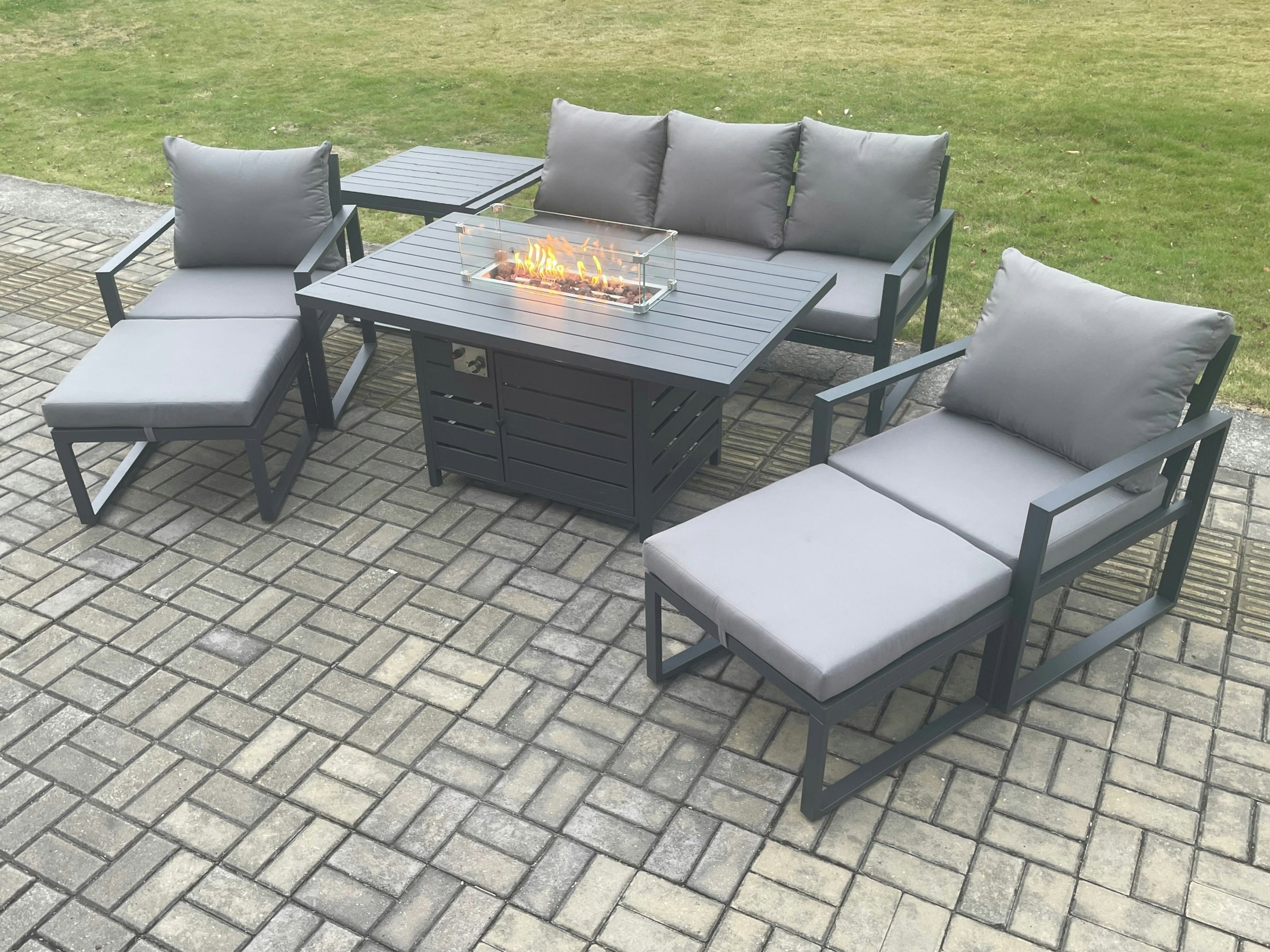 Fimous Dark/Grey Aluminium Patio Outdoor Garden Furniture Lounge Sofa Set Gas Fire Pit Dining Table With Side Table 2 Big Footstools