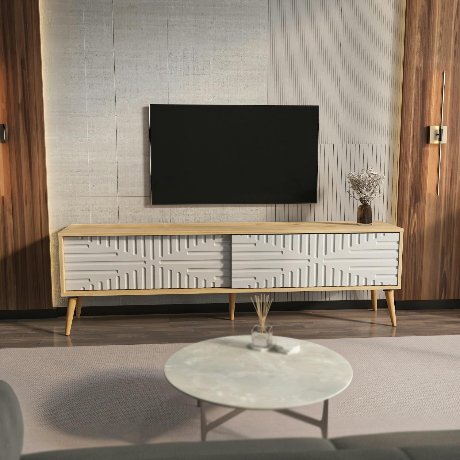 Rackhams White Riso Modern Tv Stand Tv Cabinet For Tv's Up To 65" - Oak
