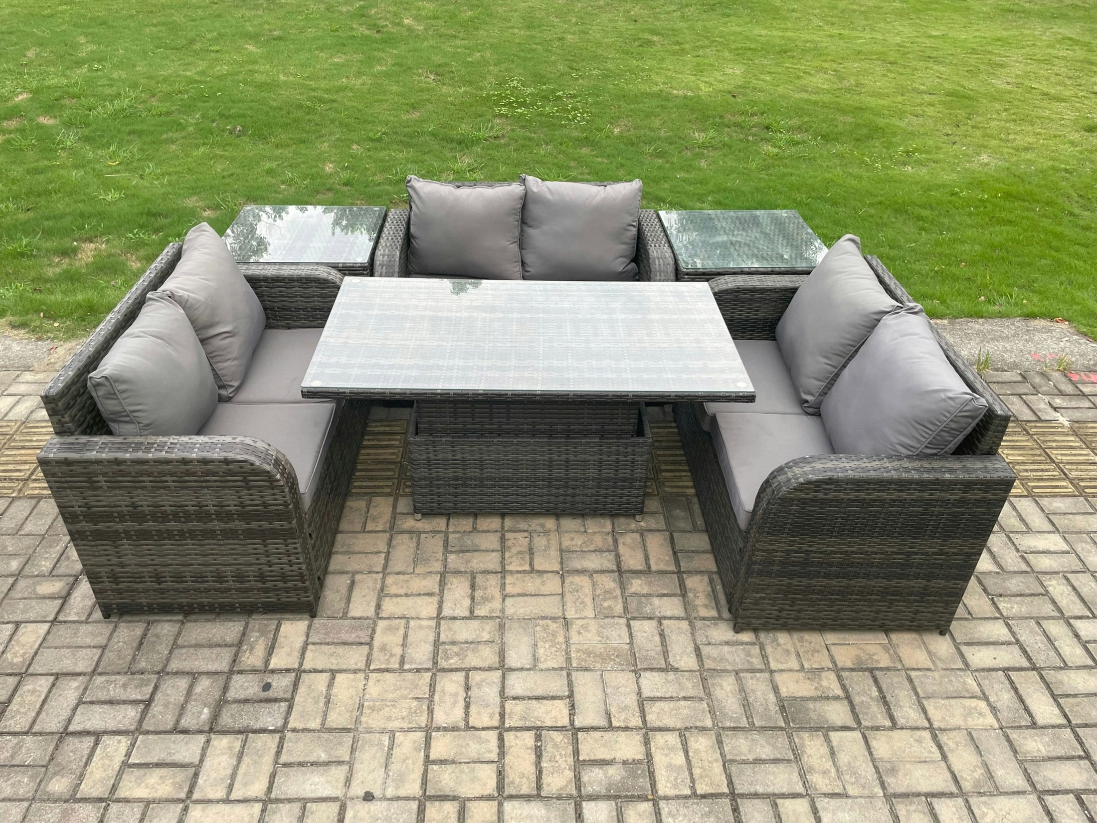 Rackhams Dark/Grey Rattan Garden Outdoor Furniture 3 Pc Love Sofa Set Patio Adjustable Rising Lifting Dining Table With 2 Side Tables