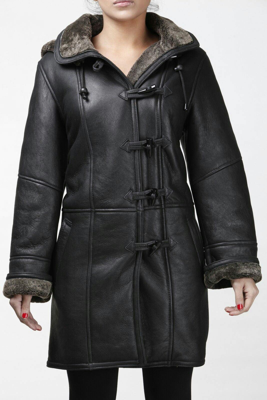 Infinity Leather Women's Black Shearling Hooded Duffle Coat-Lille - Uk L/14 | Eu 40 | Us 10