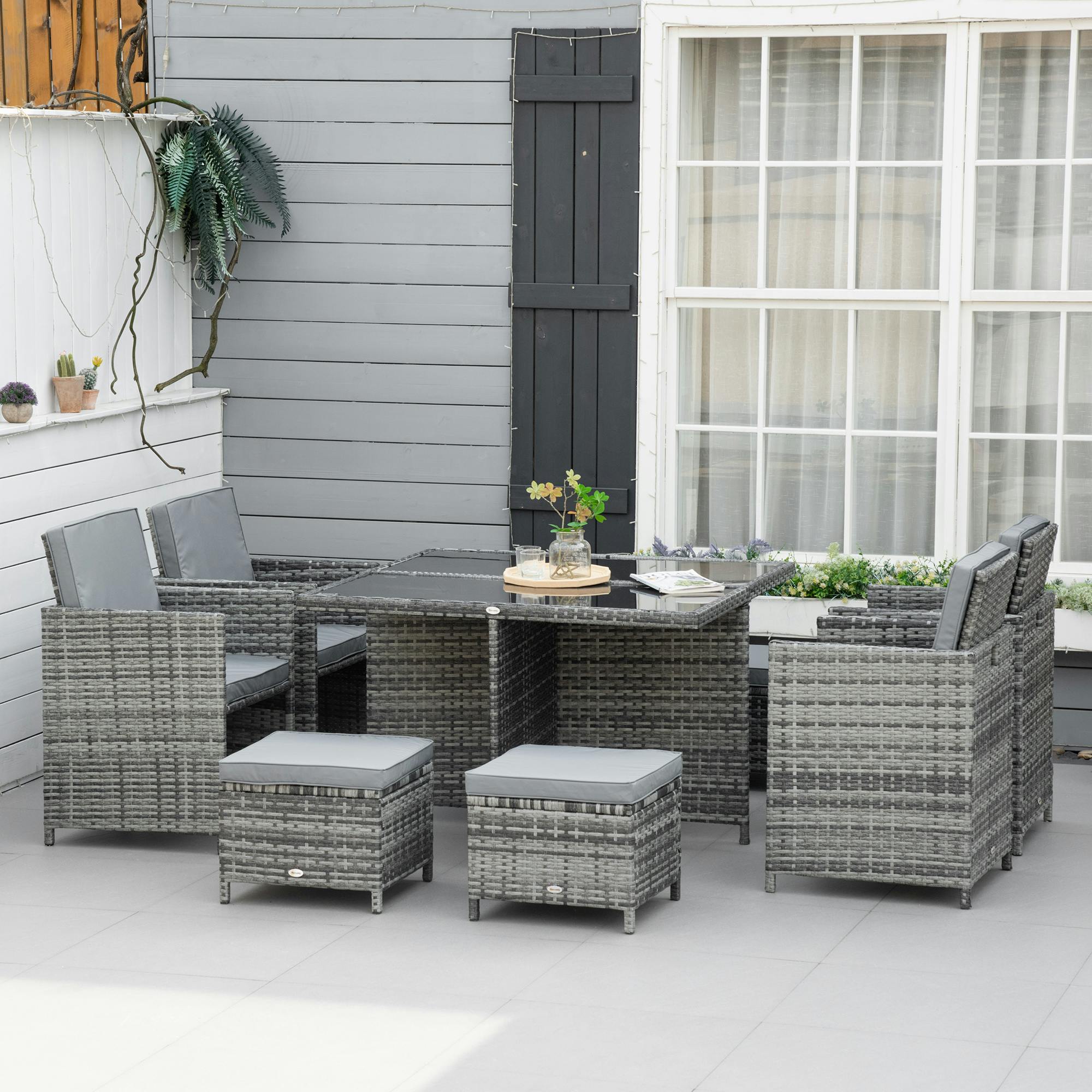 Rackhams Rattan Dining Set Garden Furniture Cube Table Chair Stool Cushion Seat