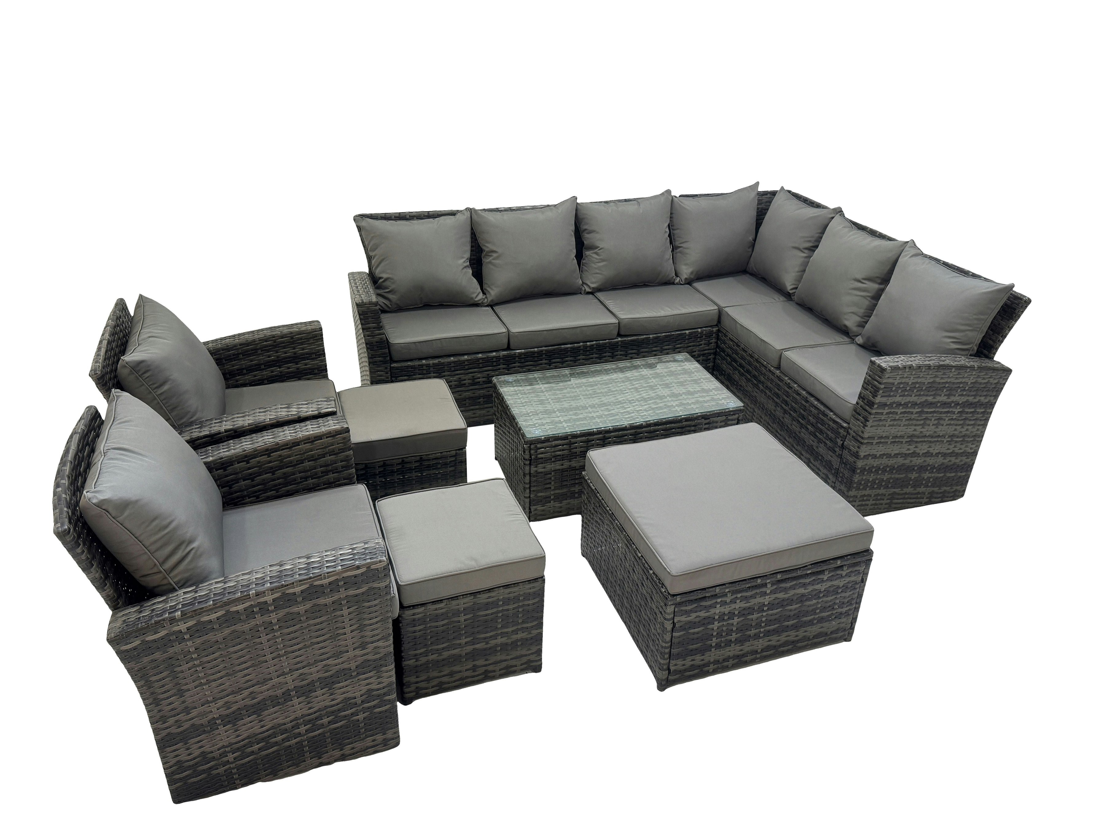 Rackhams Dark/Grey Rattan Garden Outdoor Furniture Set 11 Seater Garden Sofa Coffee Table Set With Chair 3 Footstools Mixed