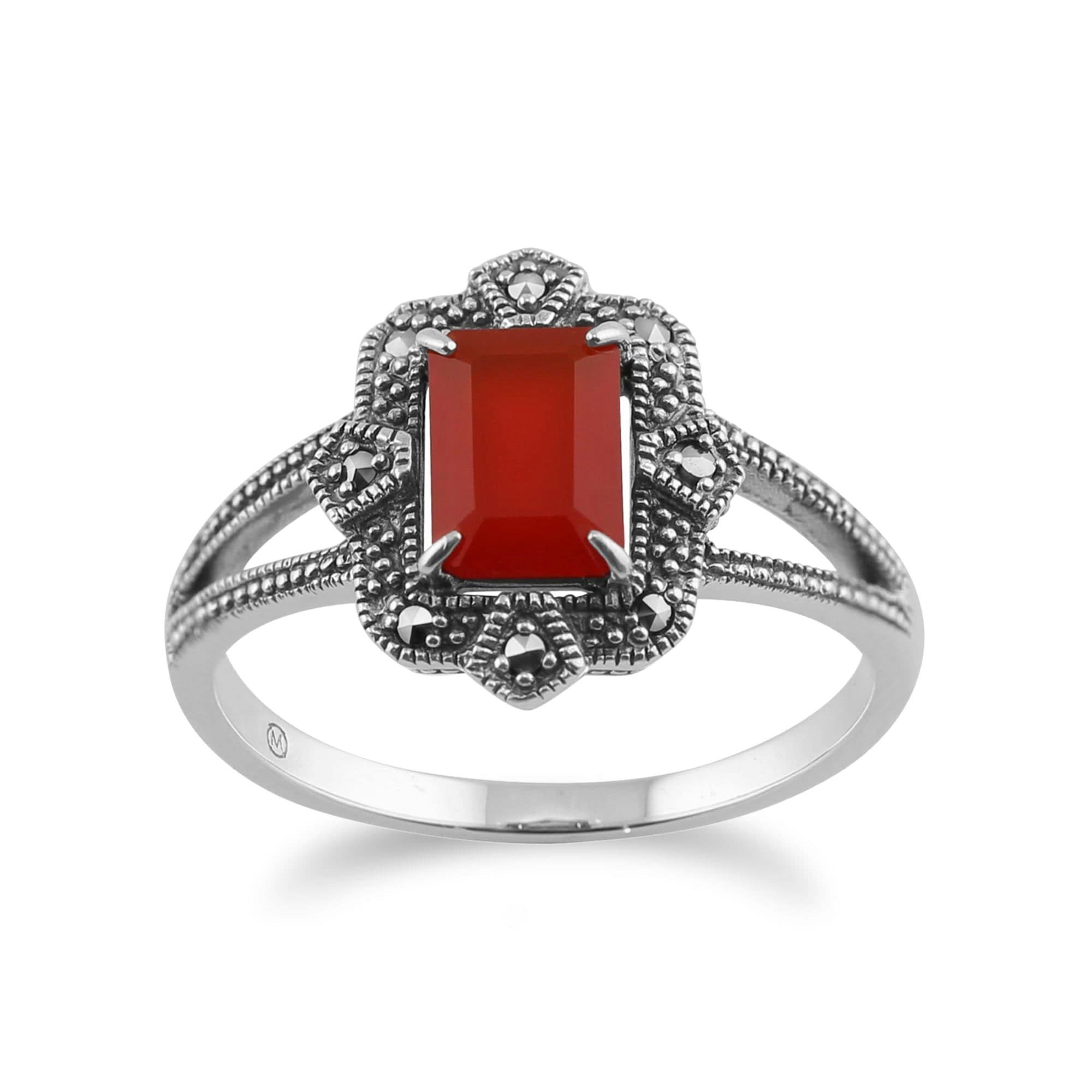 Gemondo Silver Art Deco Style Baguette Carnelian & Marcasite Ring In 925 Sterling - N