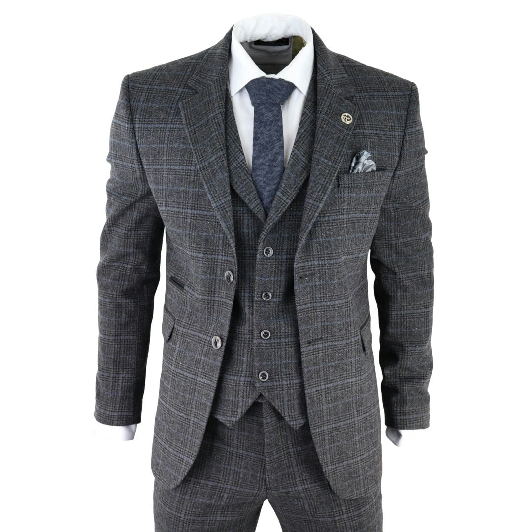 Truclothing Men's Grey/Blue Ak-12 - Tweed 3 Piece Suit Check 1920S Gatsby Blinders - 46" Jacket 40" Trousers