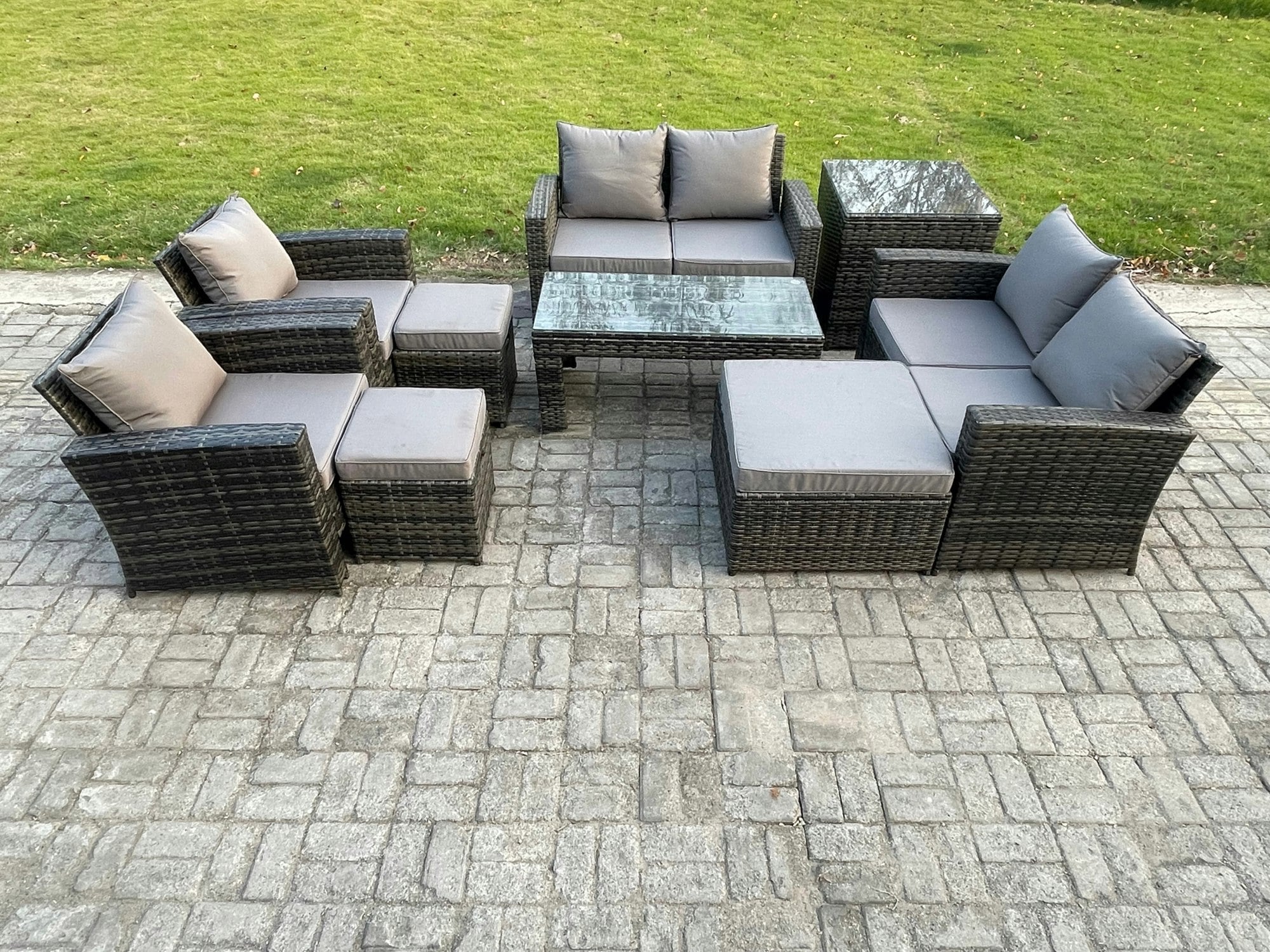Fimous Dark/Grey 9-Seater Mixed High Back Rattan Garden Furniture Set - Outdoor Patio Sofa With Coffee Table & Armchairs