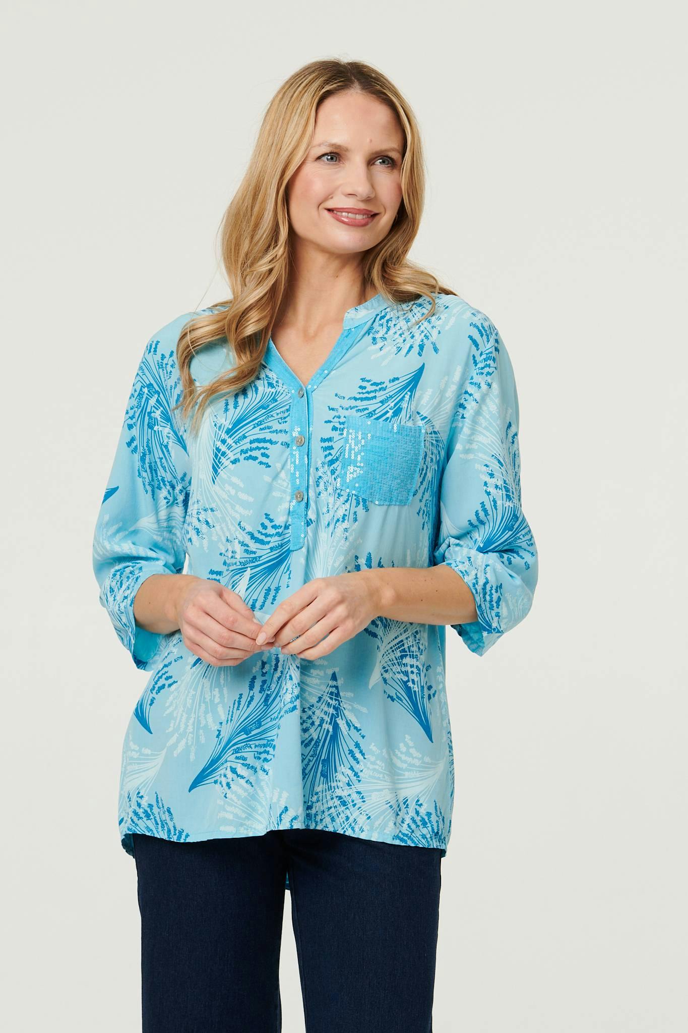 Izabel London Blue Printed Sequin 3/4 Sleeve Relaxed Blouse - 8