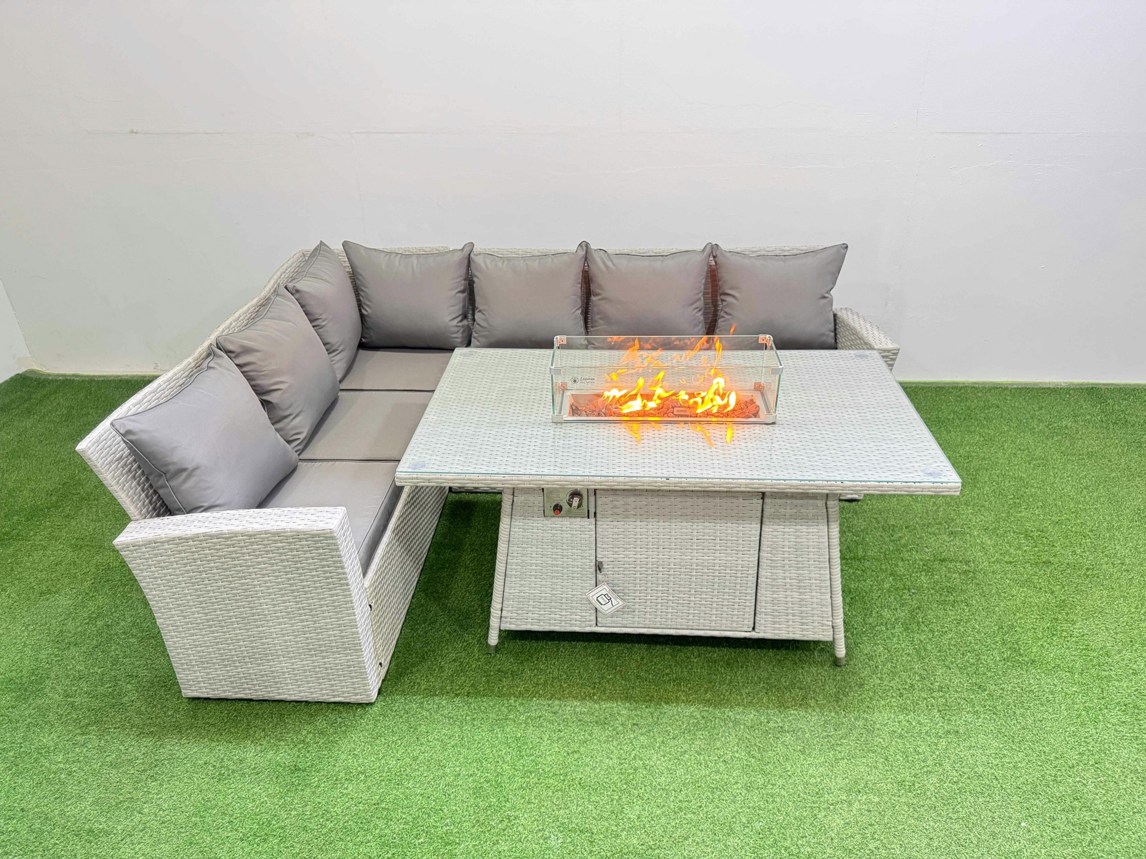 Rackhams Light/Grey 6 Seat Rattan Garden Furniture Corner Sofa Set Outdoor Gas Fire Pit Table Sets