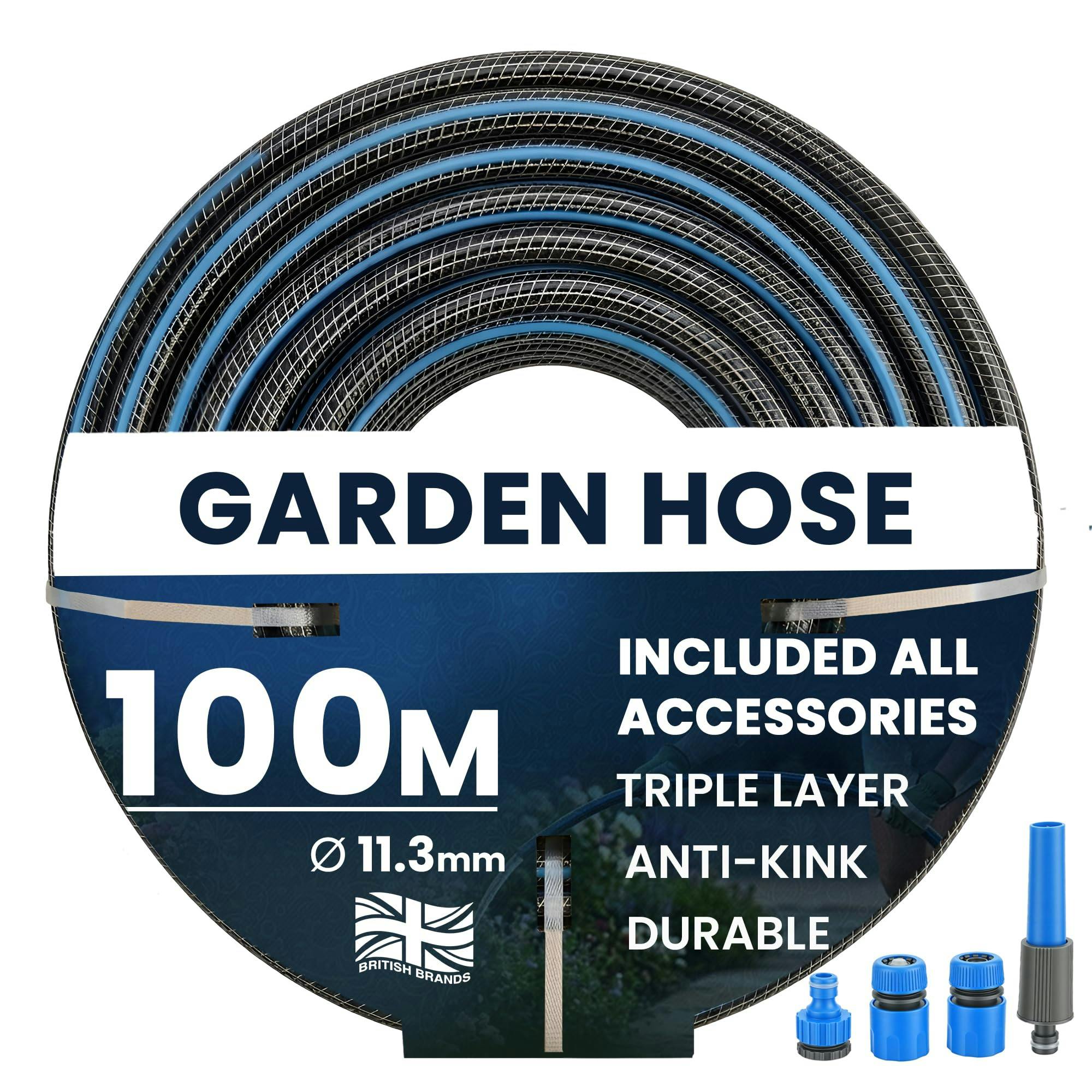 Rackhams Hose Pipe Anti Kink Hosepipe Inc 4 Connectors - 11.3Mm Dia - Durable Triple Layer Water Hose With Spray Nozzle - 100 M