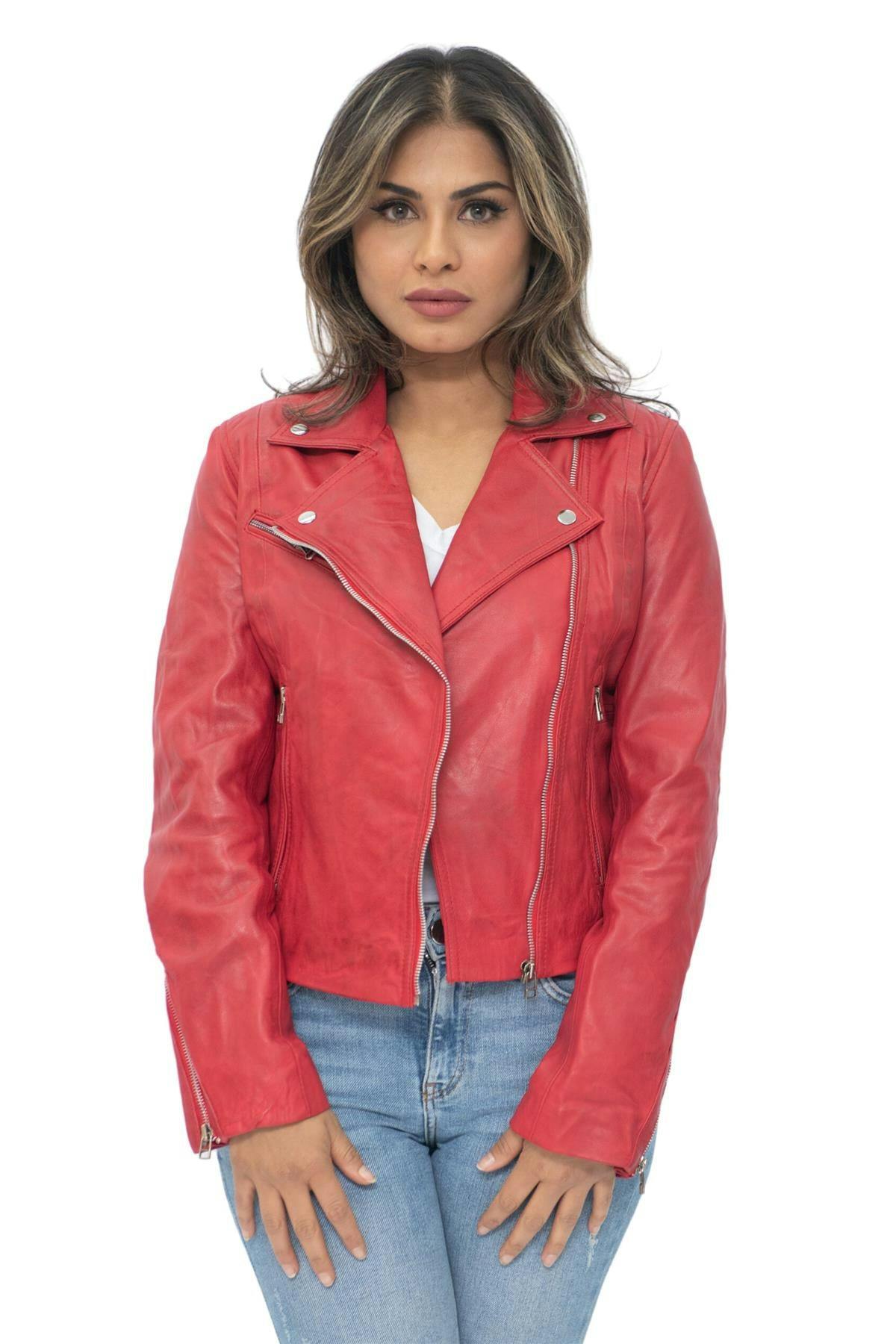 Infinity Leather Women's Red Leather Biker Jacket-Zanzibar - Uk 4XL/22 | Eu 48 | Us 18