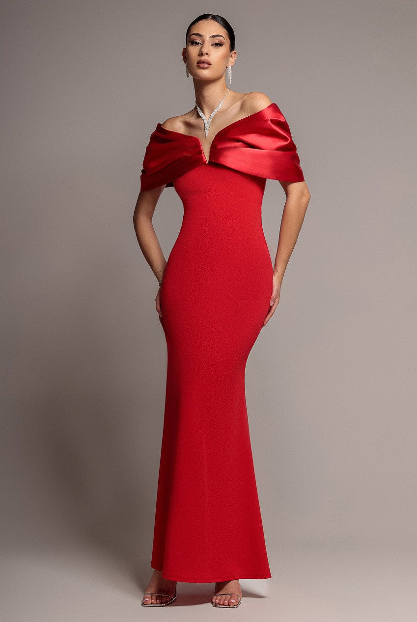 Goddiva Red Satin Plunge Neck Bardot Scuba Maxi Dress - By - 16