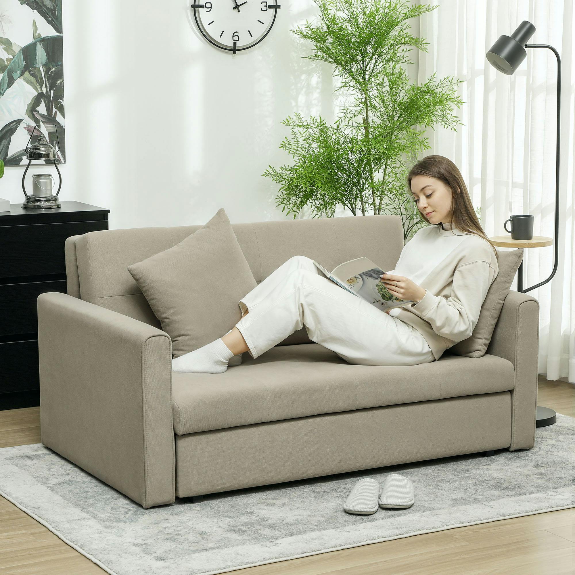 Rackhams Light/Brown 2 Seater Sofa Bed Convertible Bed Settee 2 Cushions Storage - Polyester, Foam, Eucalyptus Wood, Mdf, Metal - 152W X 101D X 78H Cm