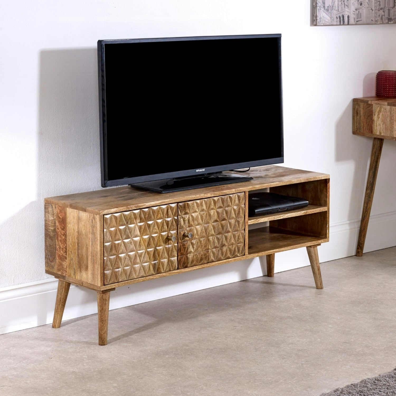 Rackhams Light Zenon Mango Wood Tv Stand With 2 Doors & 2 Shelves - 120 Cm - 45 Cm - Wood