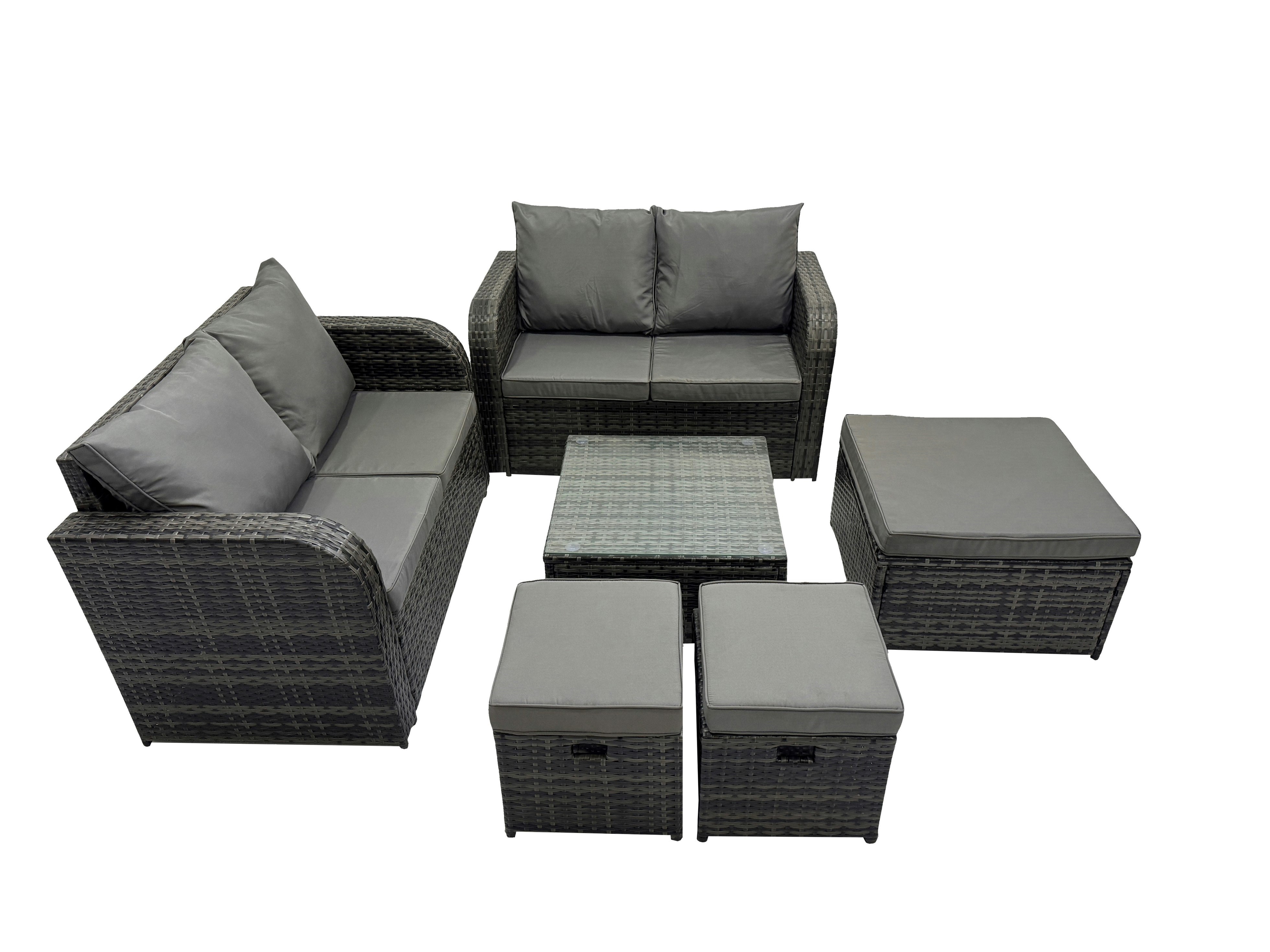 Rackhams Dark/Grey Rattan Garden Outdoor Furniture Set Love Sofa Square Coffee Table Set With 3 Stools Mixed