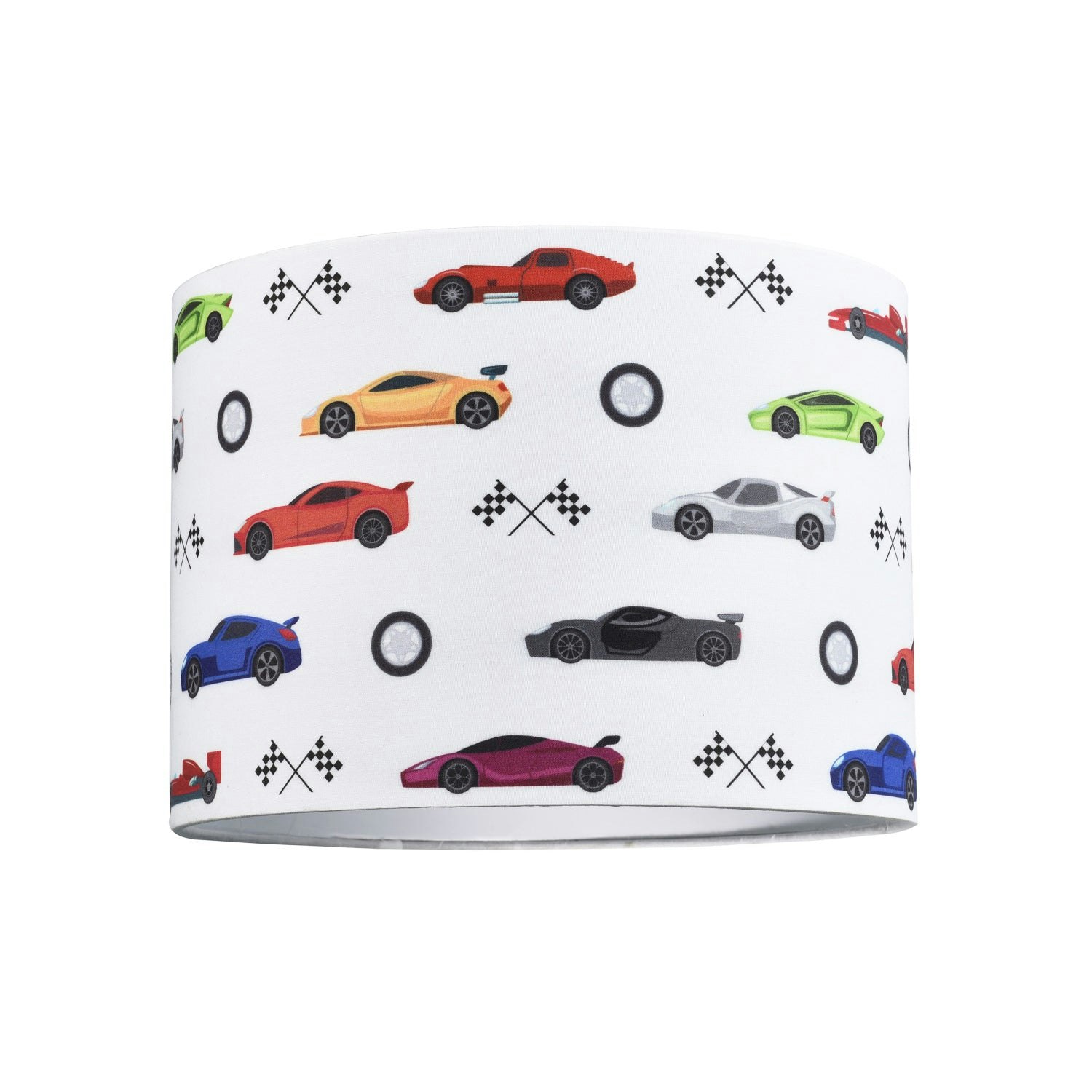 Rackhams White Modern And Colourful Racing Cars Kids Cotton Fabric Round Drum Lamp Shade - 25Cm