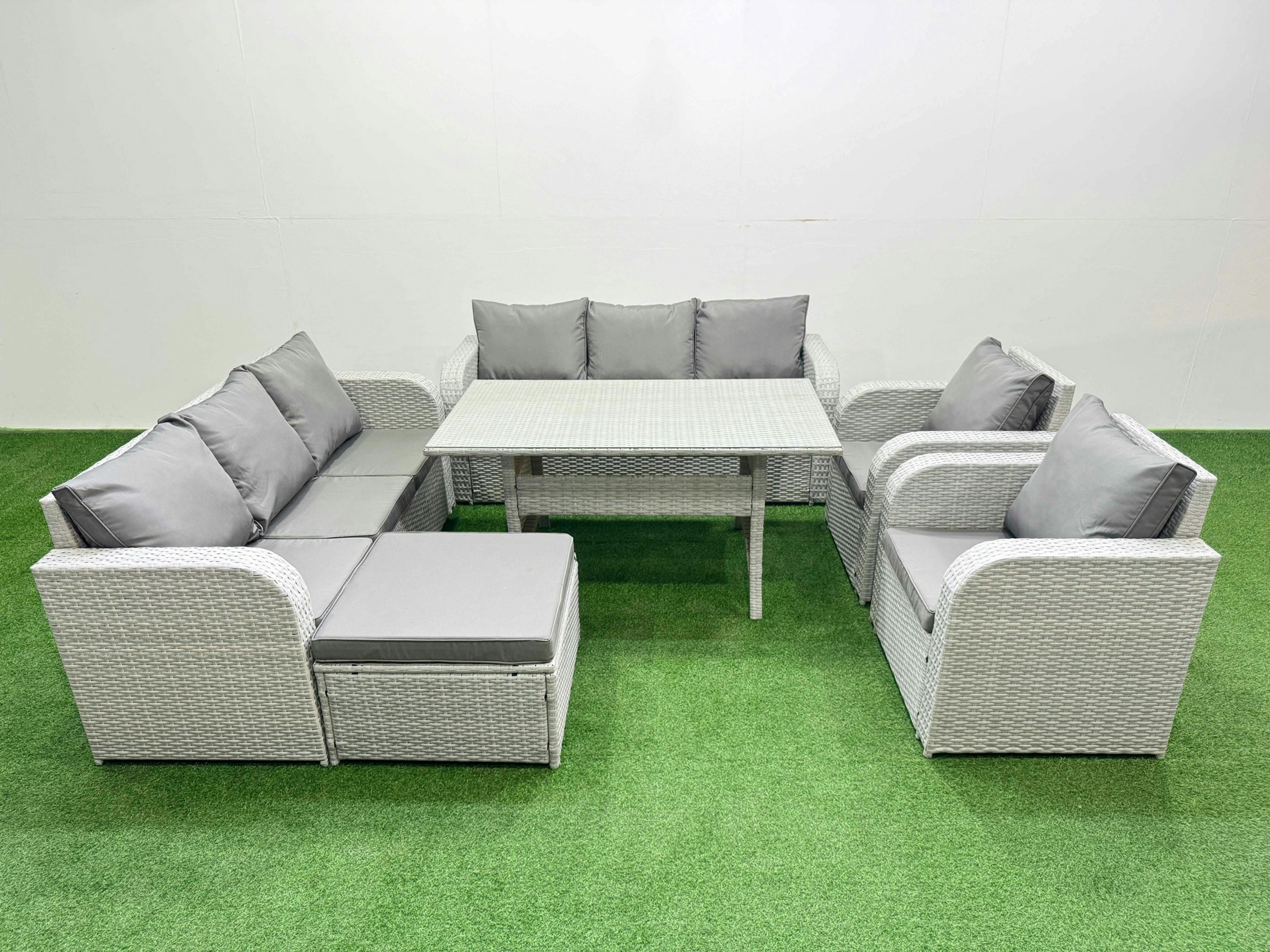 Fimous Light/Grey Pe Rattan High Back Lounge Sofa Set Patio Rectangular Dining Table & Chairs Set With 3 Seater Sofa Reclining Chair Big Footstool