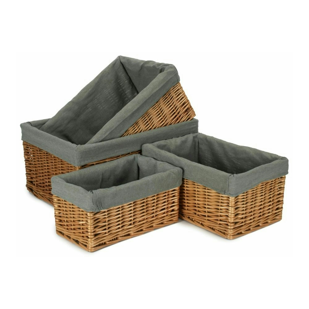 Rackhams Grey Double Steamed Cotton Lined Willow Storage Baskets - Set Of 4