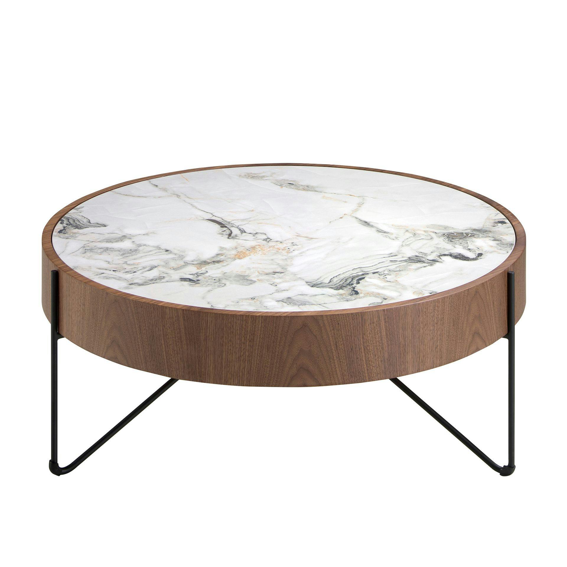 Rackhams Black Round Coffee Table In Porcelain Marble, Walnut And Steel 2138