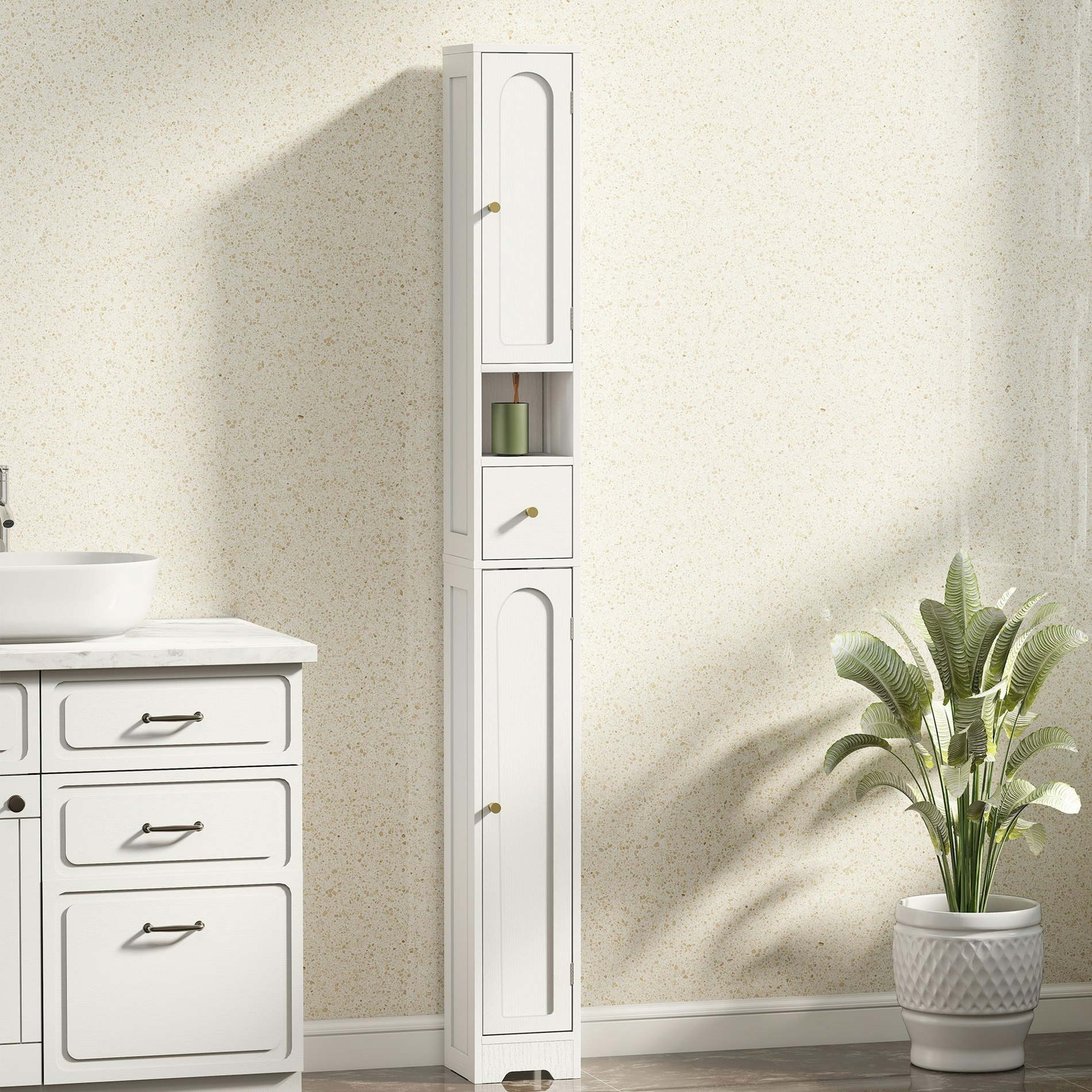 Rackhams White 20Cm Slim Bathroom Storage Cabinet With Adjustable Shelves - Tall Bathroom Cabinet - 20W X 20D X 185H Cm