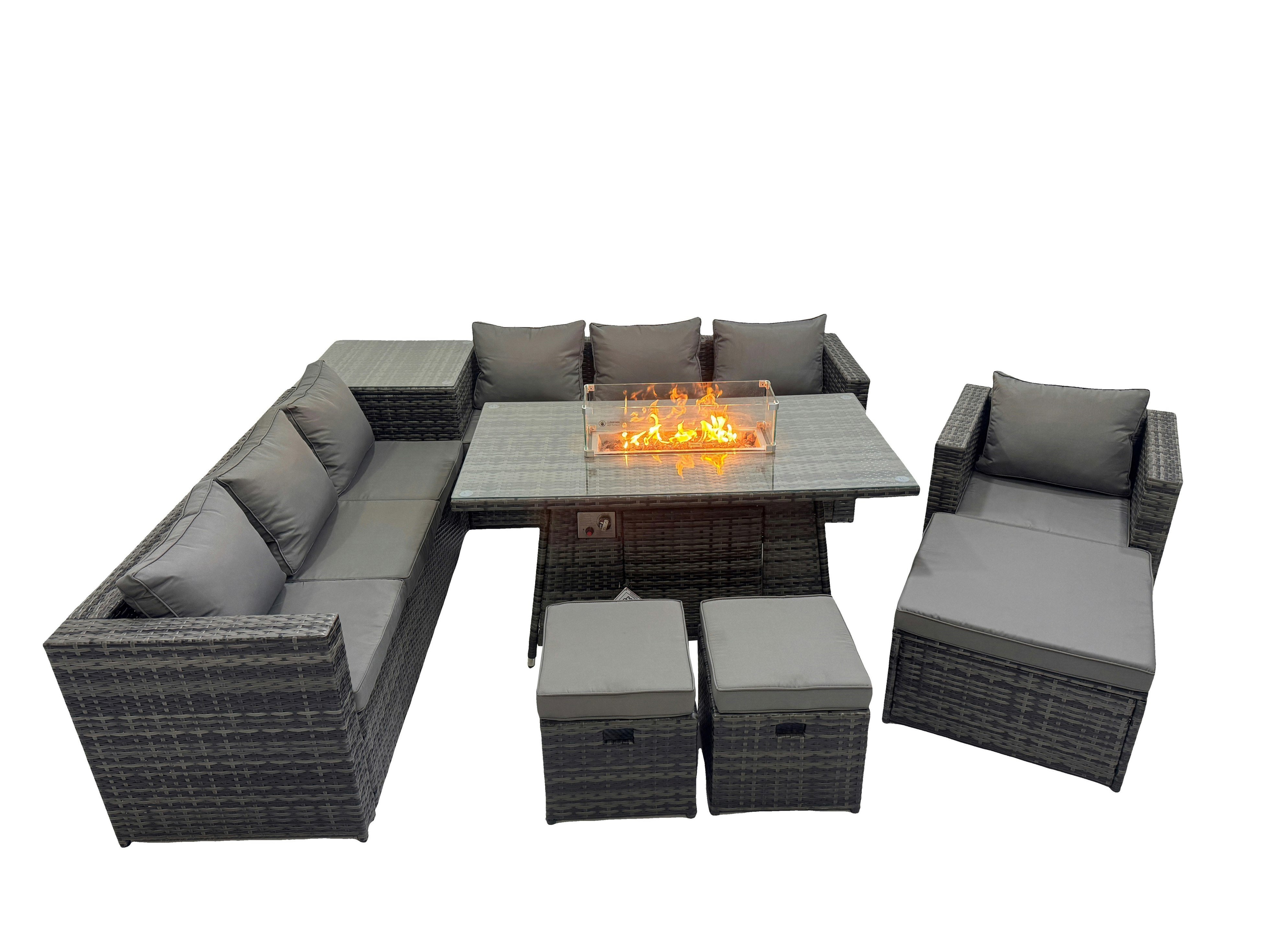 Fimous Dark/Grey 10 Seater Garden Outdoor Rattan Furniture Set Patio Corner Sofa Gas Fire Pit Dining Table With Side Table 3 Stools