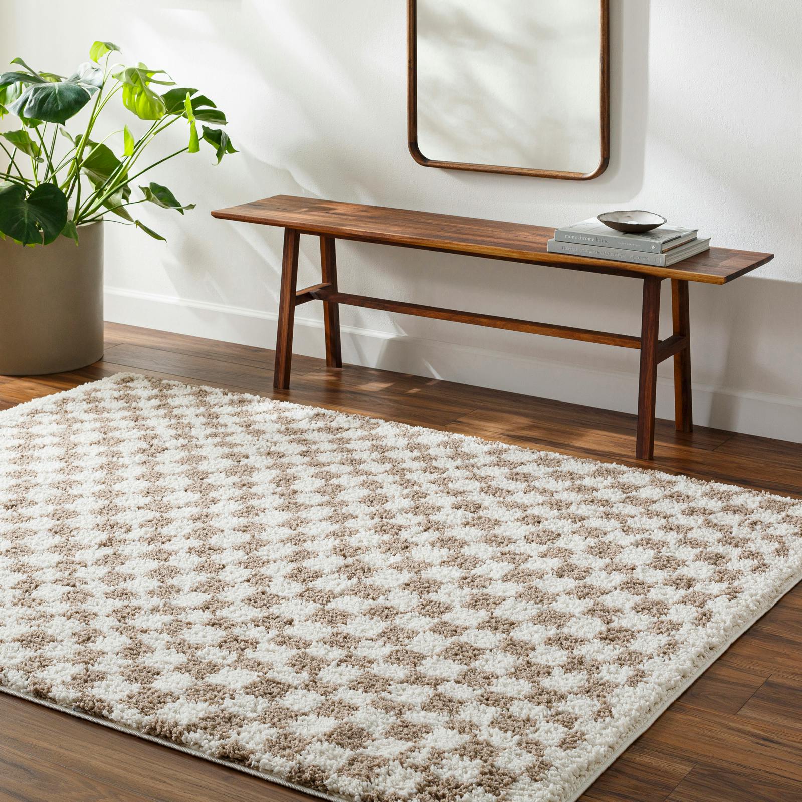 Photos - Area Rug Rackhams Birmingham-Modern Black Grey Brown Checkered Soft Plush Pile Rug - 200 x 275 cm