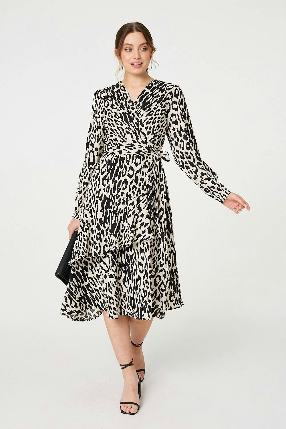 Izabel London Black Animal Print Ruffled Midi Wrap Dress - 10