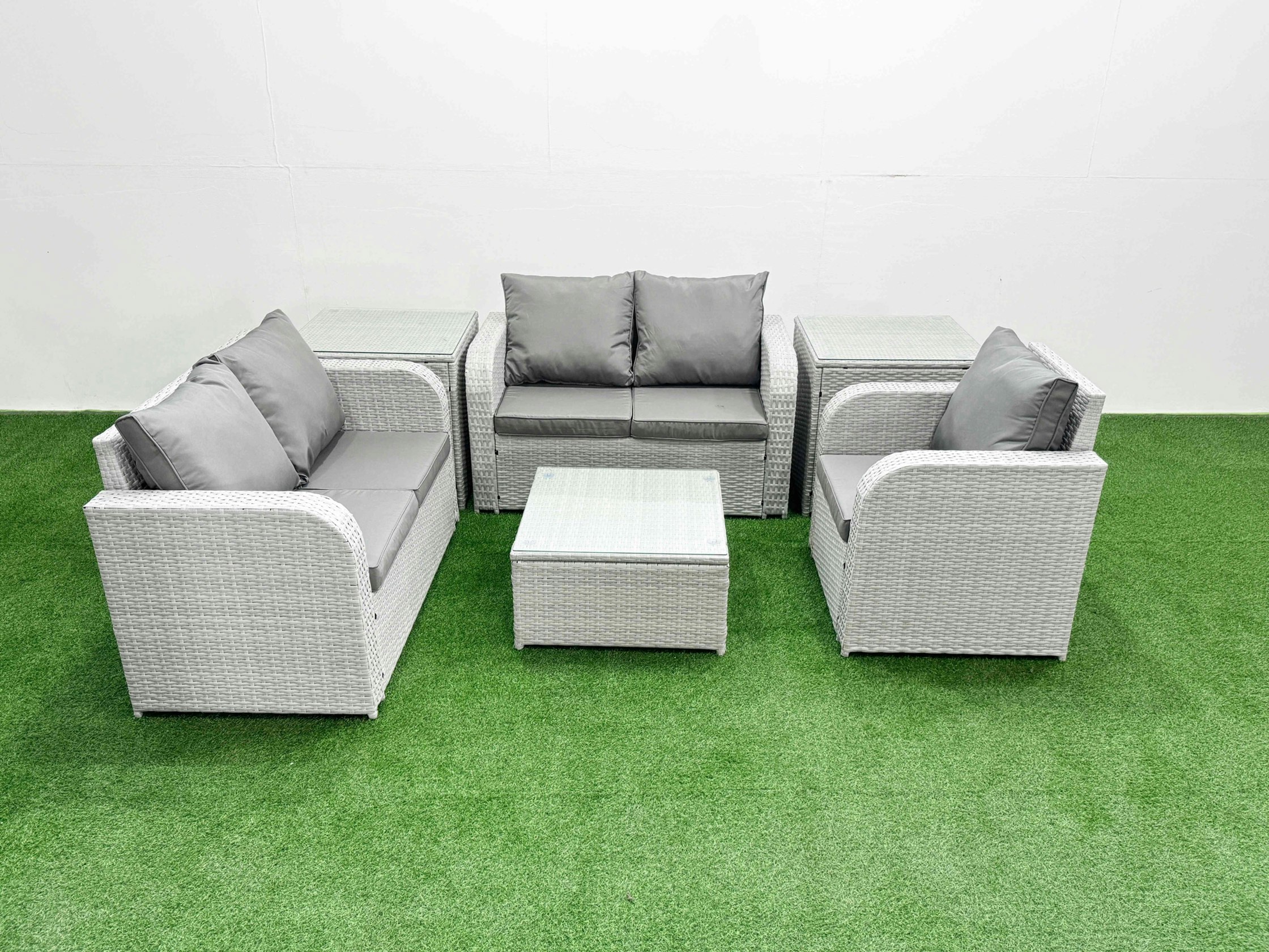 Fimous Light/Grey High Back Rattan Garden Furniture Set With Reclining Chair Loveseat Sofa Square Coffee Table Indoor Outdoor Patio Set 2 Side Table