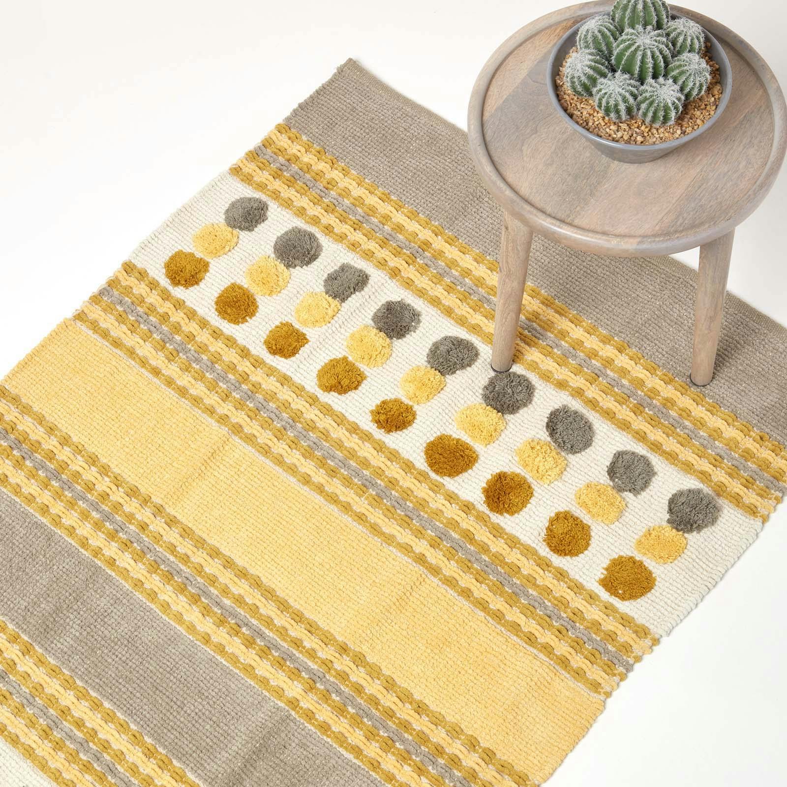 Rackhams Grey/Yellow Modern Cotton Rug Chenille Striped Hand Tufted Circles - 60 X 100 Cm