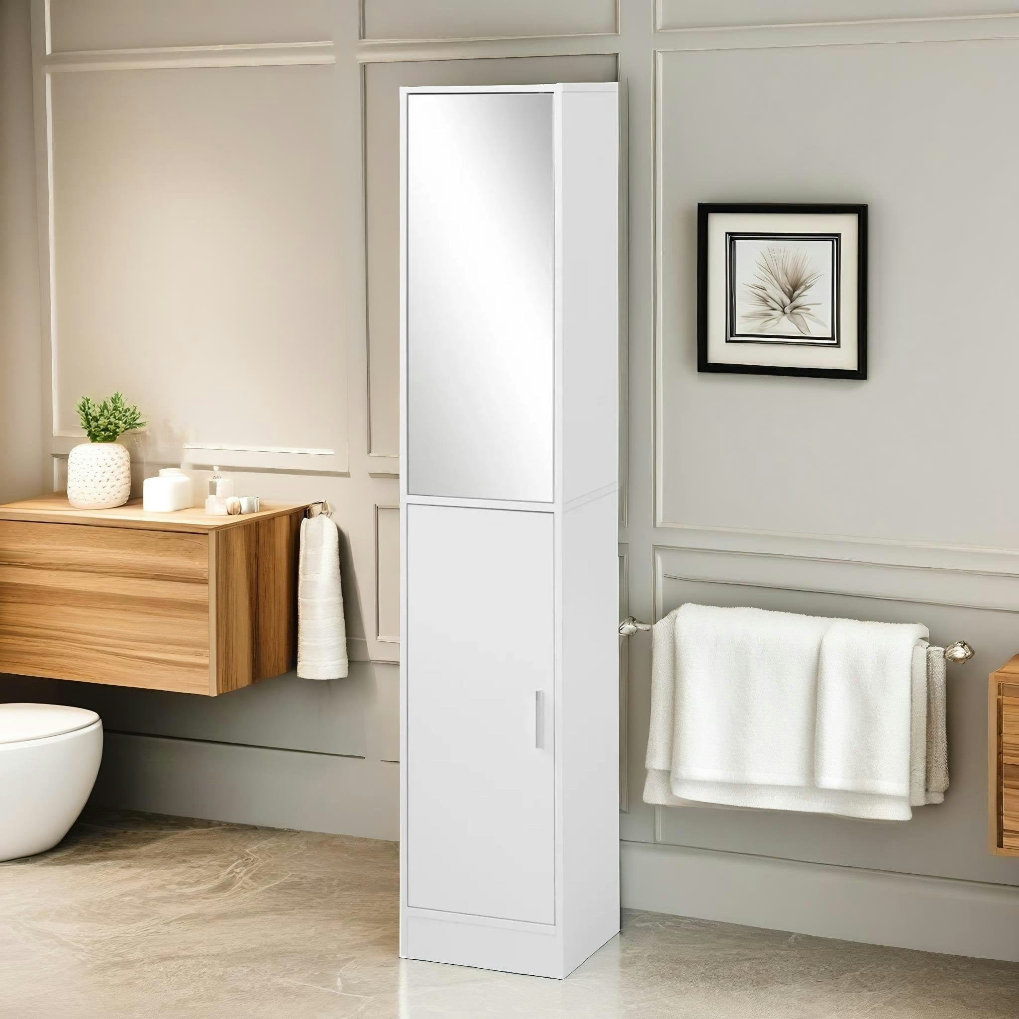 Rackhams White Tall Bathroom Storage Cupboard With Mirror