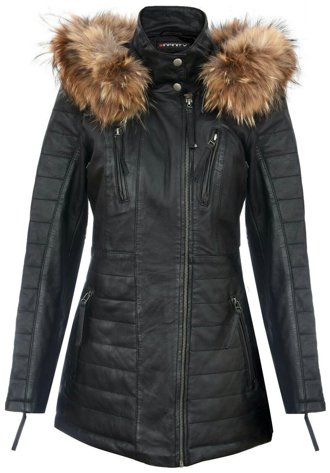 Infinity Leather Women's Black Slim Fit Leather Hooded Parka Jacket-Northam - Uk 3XL/20 | Eu 46 | Us 16