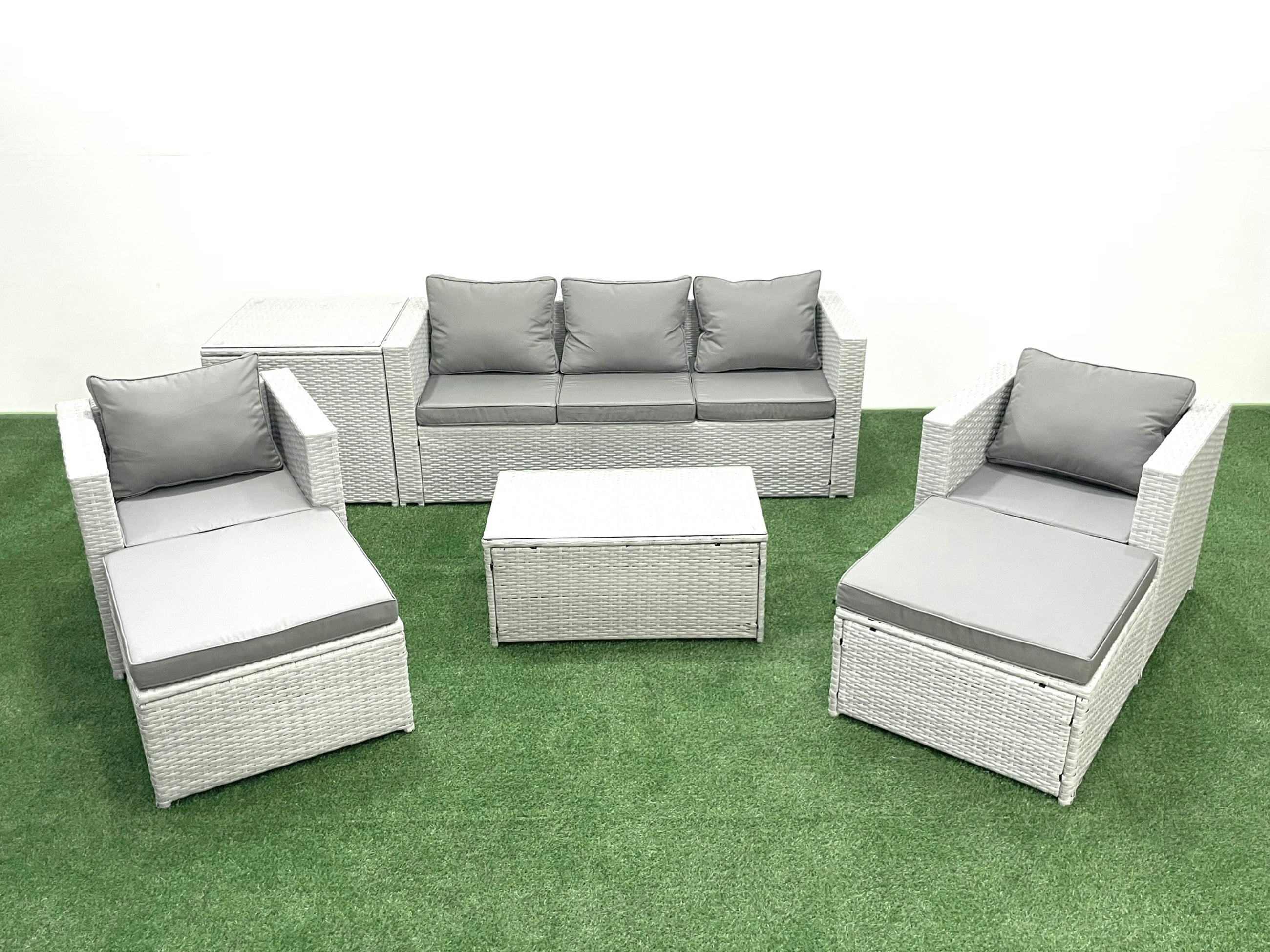 Fimous Light/Grey Rattan Garden Furniture Set With 3 Seater Sofa 2 Chair Rectangular Coffee Table 2 Big Footstools Side Table Mixed 7 Seater