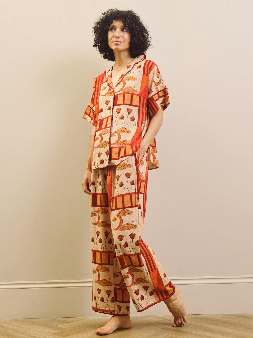 Their Nibs Women's Cream Natural Patchwork Sky Flower Linen Blend Oversize Long Pyjama Set - Natural - Xs / 6-8