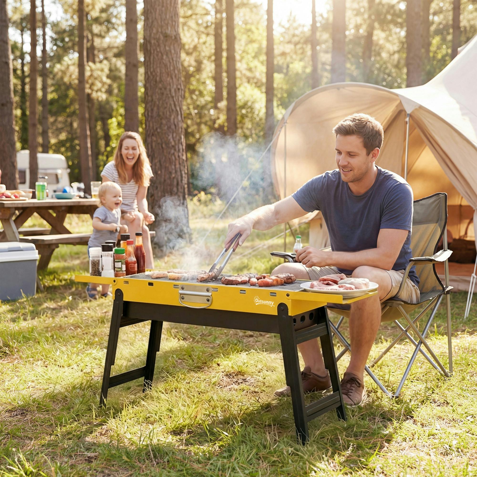 Outsunny Yellow Bbq Grill, Charcoal Barbecue With 2 Side Shelves And Handle