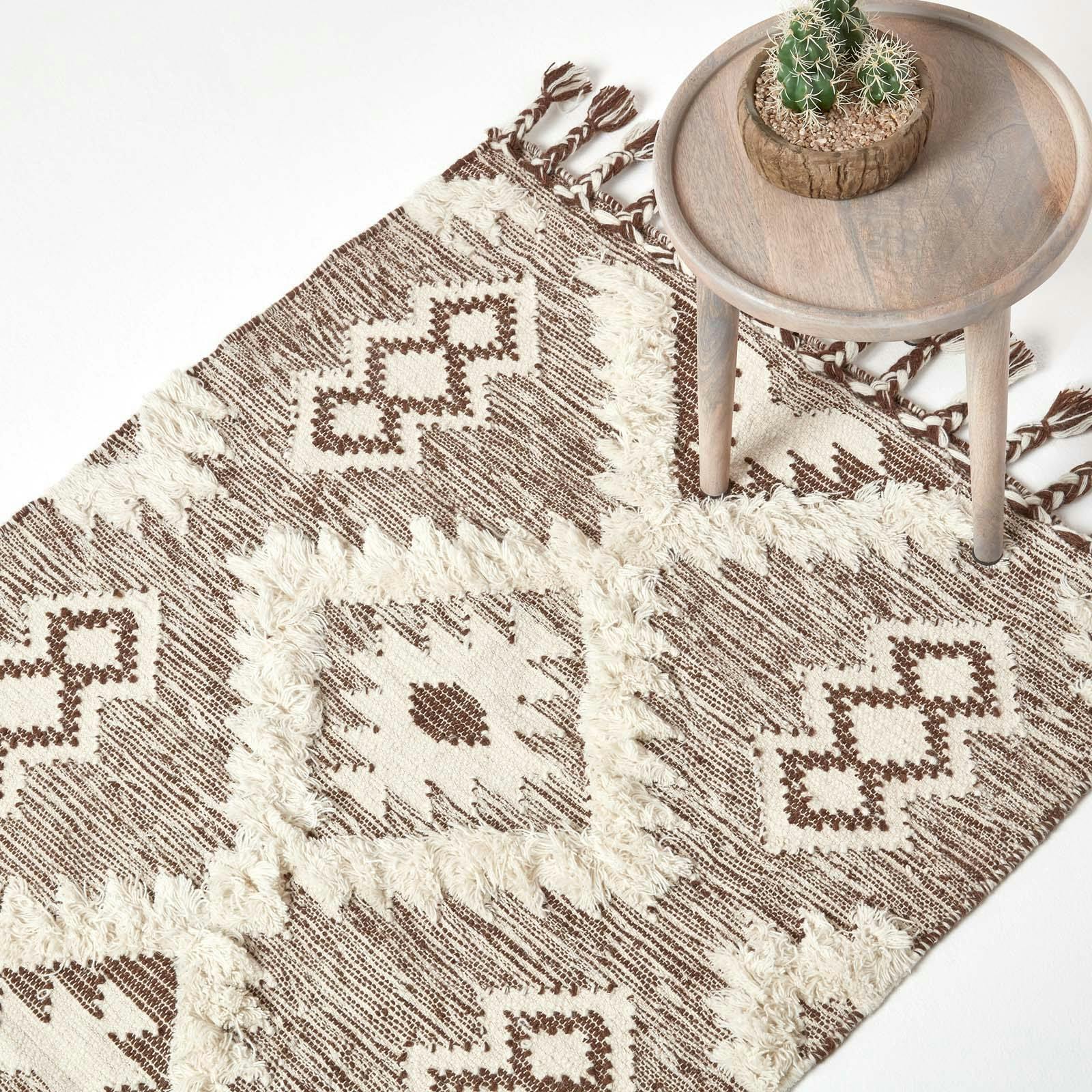 Homescapes Brown/Cream Lhasa Handwoven And Diamond Kilim Wool Rug - 160 X 230 Cm