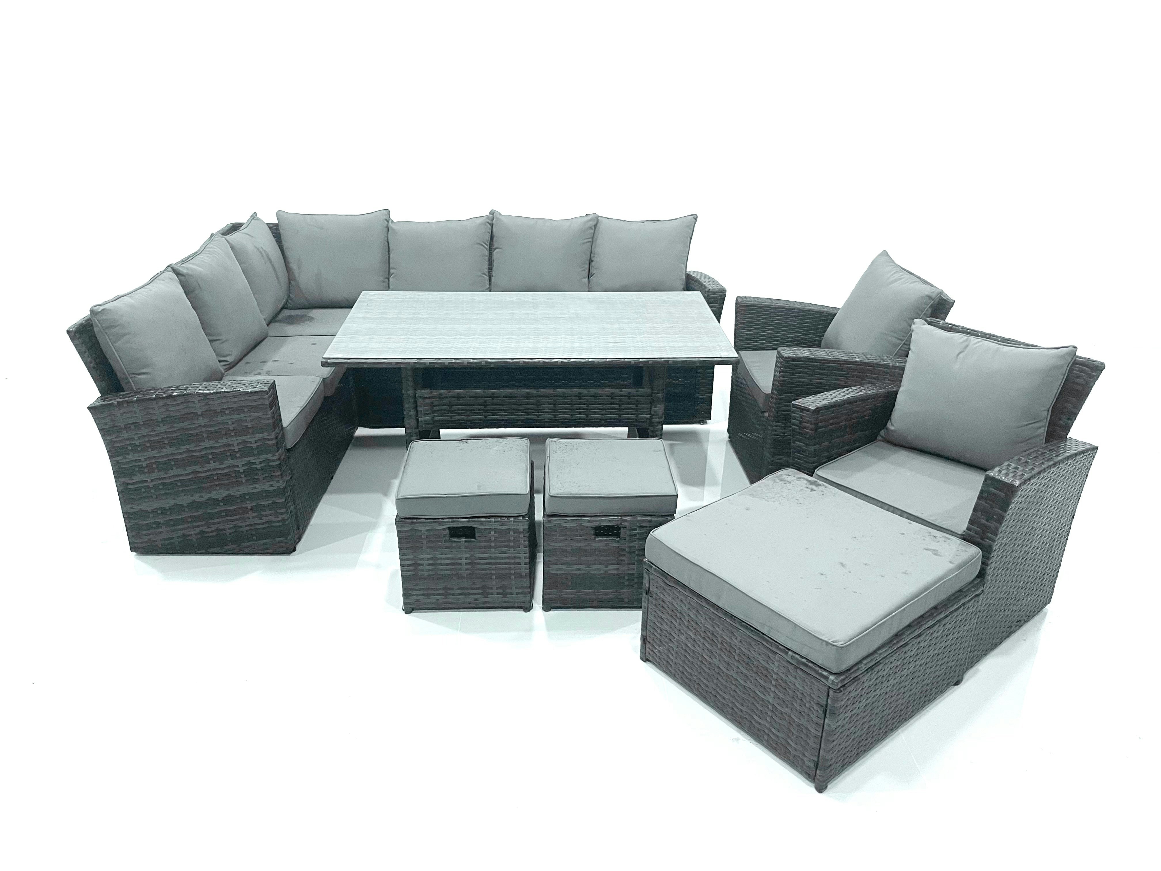 Fimous Dark/Grey Outdoor Furniture Garden Dining Set Rattan Corner Sofa Set With 3 Footstools 2 Armchairs Mixed