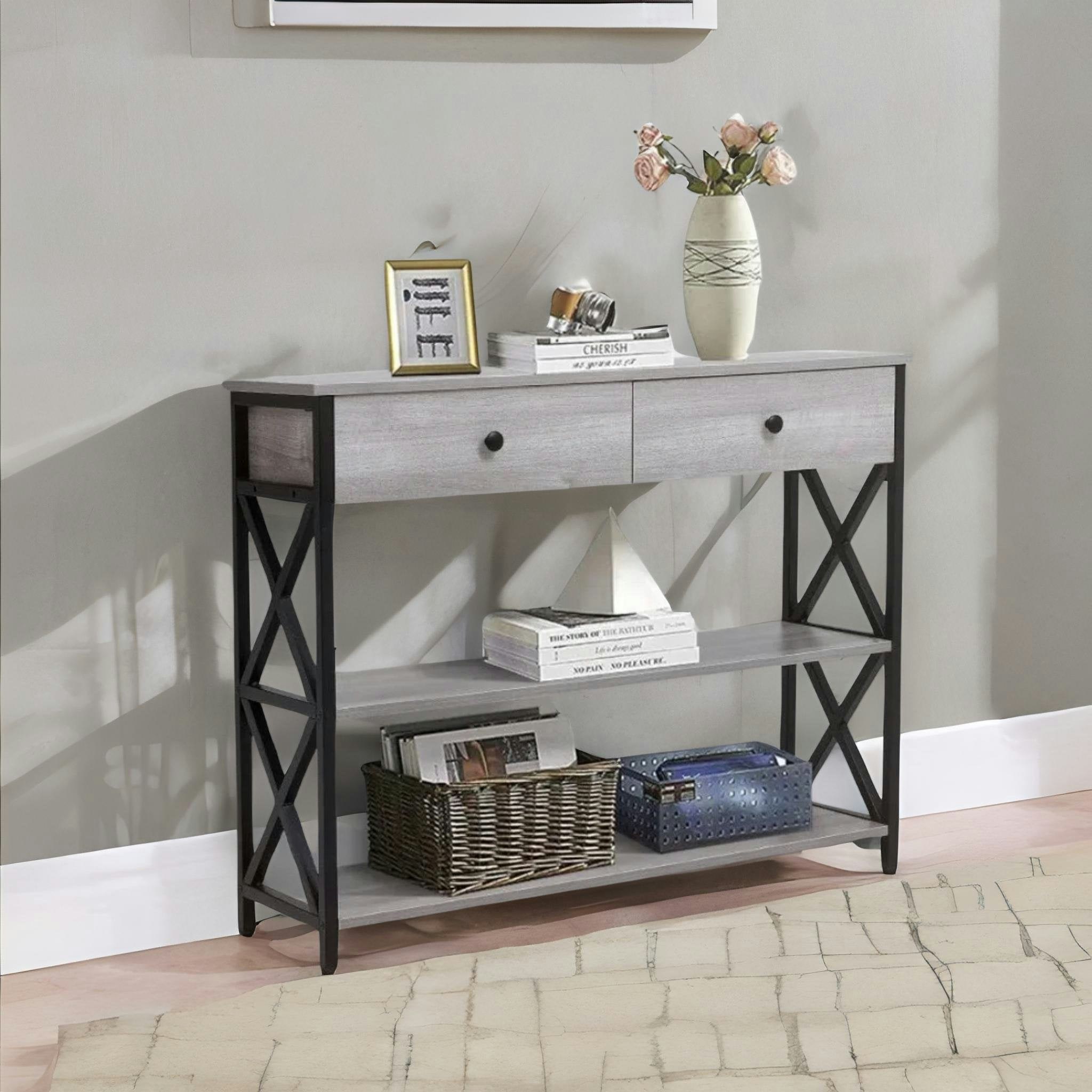 Rafaelo Mobilia Grey 3 Tier Console Table With 2 Drawers And Storage Shelves