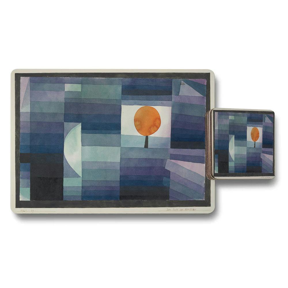 Benjamin Tate Design Orange Abstract Geometric Placemat And Coaster Set With Sun Artwork