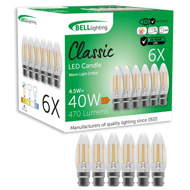Bell Lighting Light Bell Ing B22 Led Filament Candle 4.5W Energy Saving Bulbs - Pack Of 6