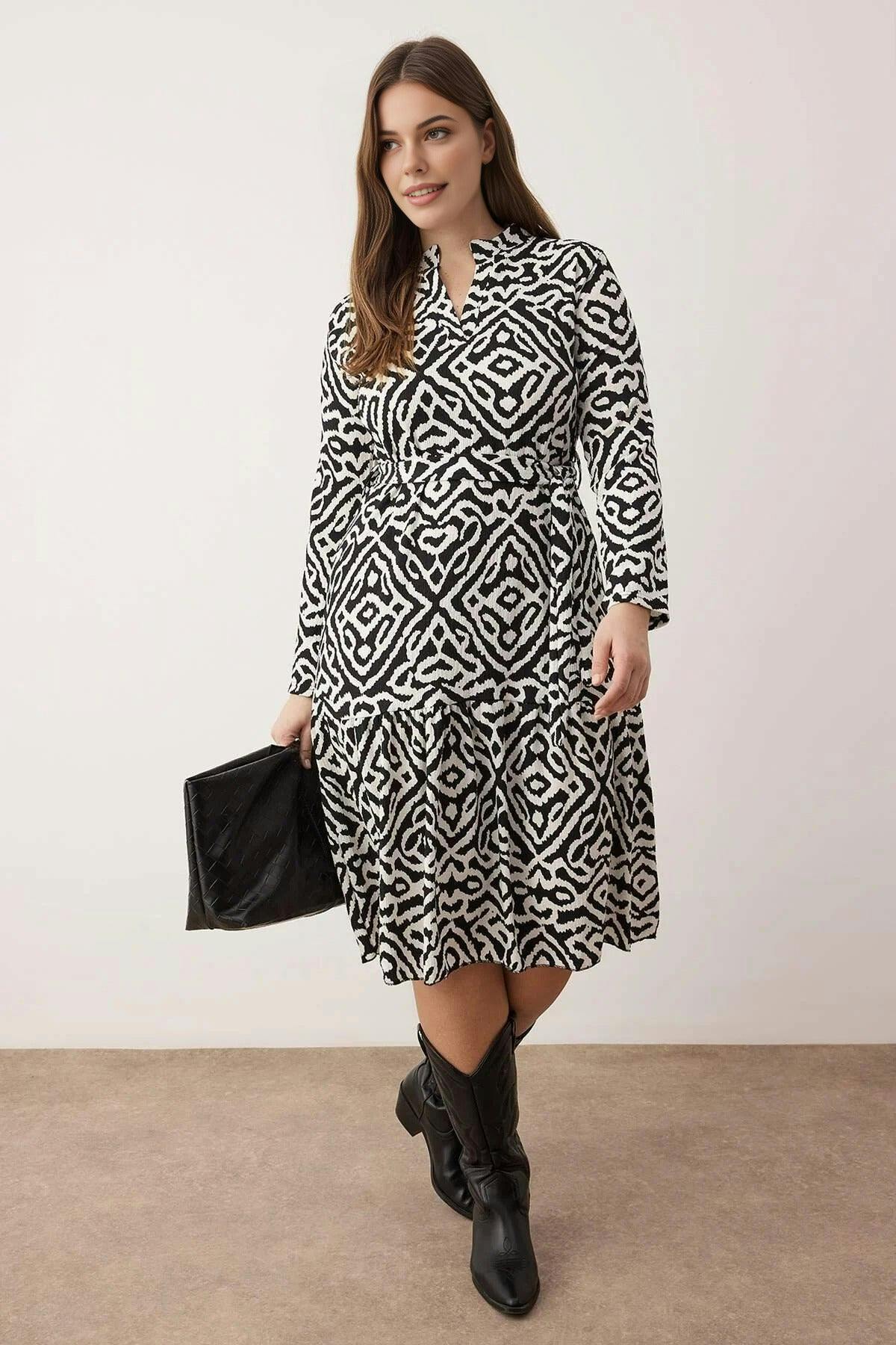 Wovcor Polo Collar Crinkle Knit Plus Size Dress - Multi - Xl