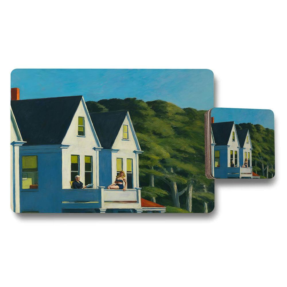 Rackhams Blue Placemat And Coaster Set With House Landscape Artwork
