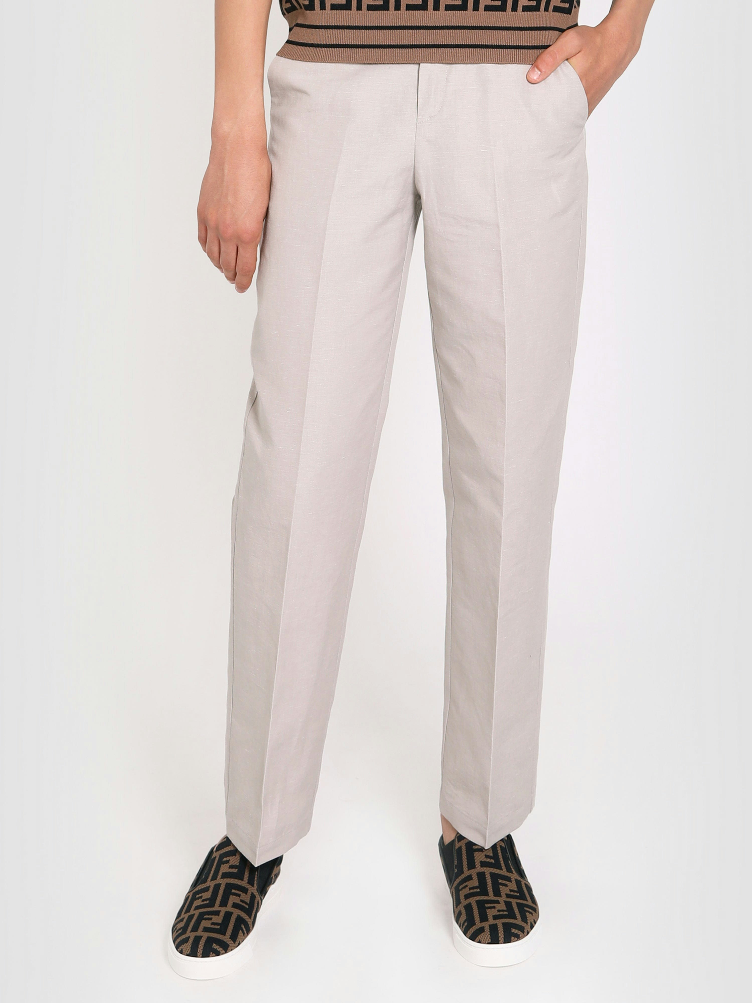 Fendi Kids Boys Beige Fendi Cotton And Linen Trousers In - 10 Yrs