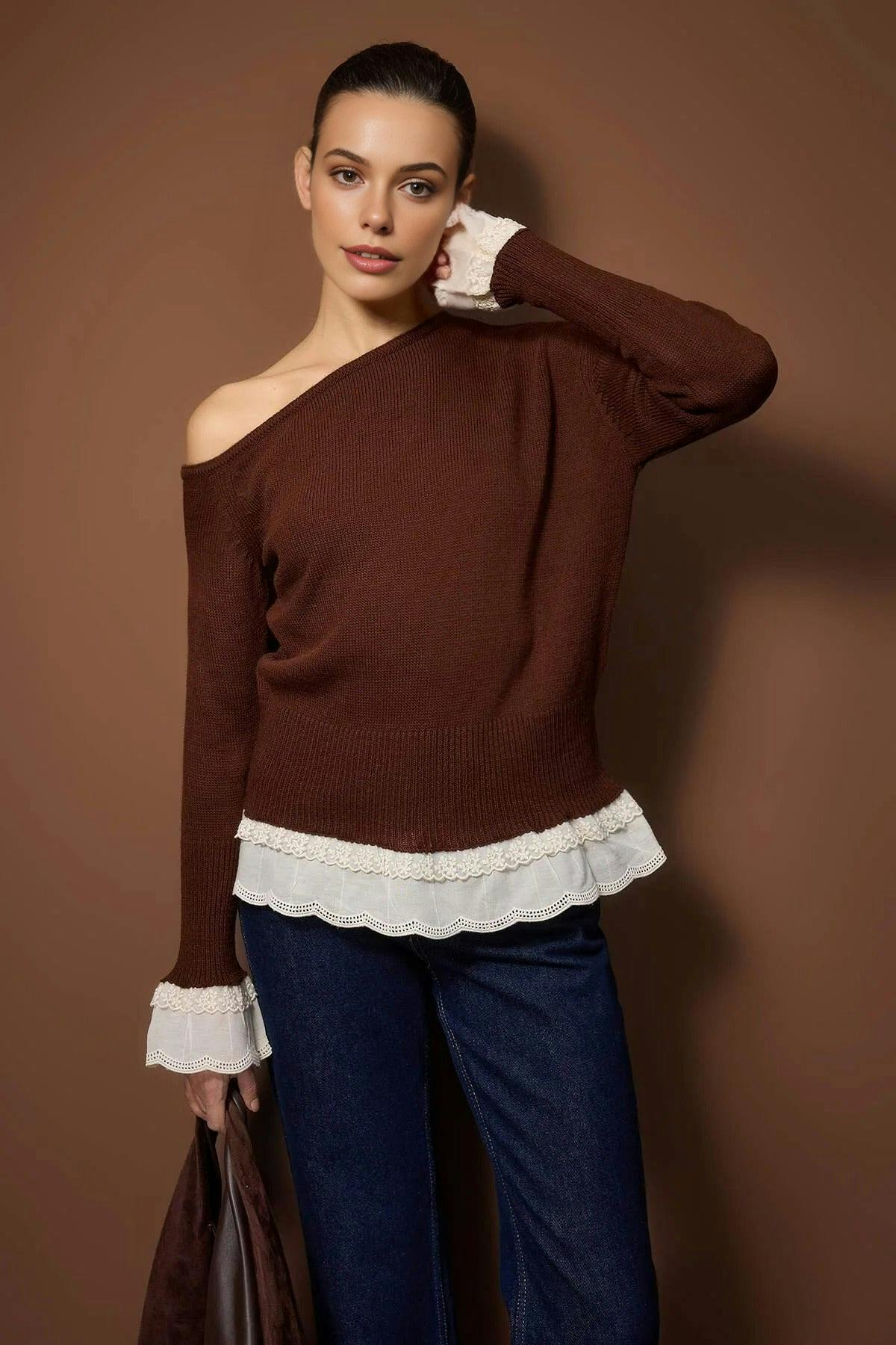 Wovcor Brown Lace Trimmed Boat Neck Knit Sweater - M