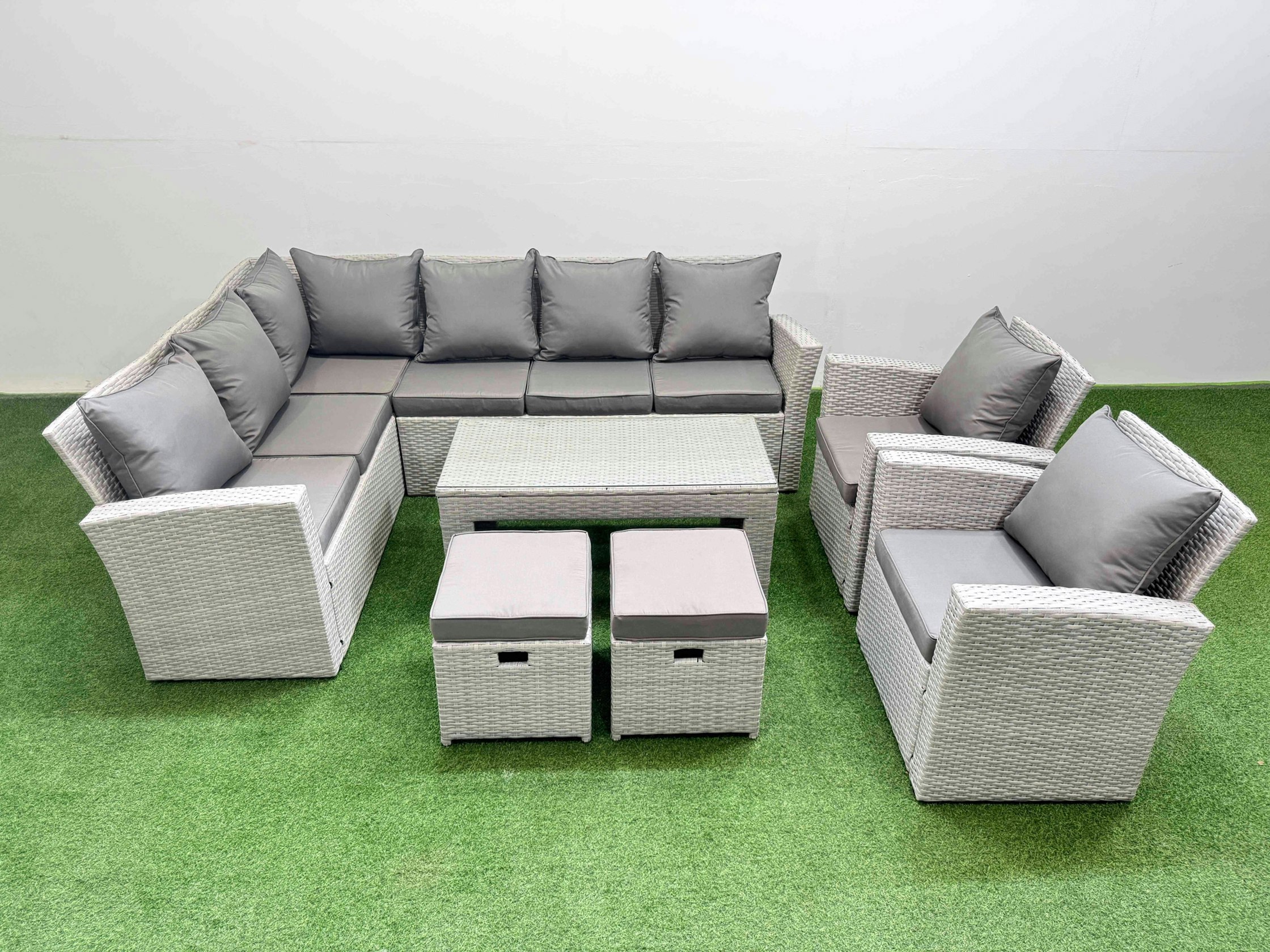 Fimous Light/Grey Rattan Garden Furniture Set Outdoor 10 Seater Corner Sofa Sets With Oblong Coffee Table Chair 2 Small Footstool Mixed