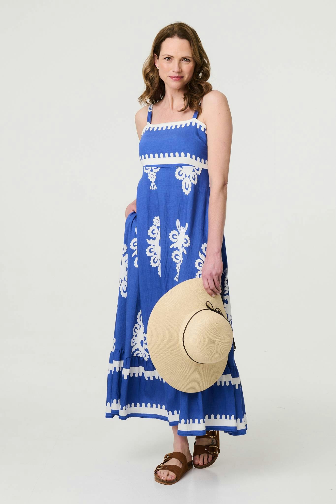 Izabel London Blue Ikat Print Sleeveless A-Line Maxi Dress - 10