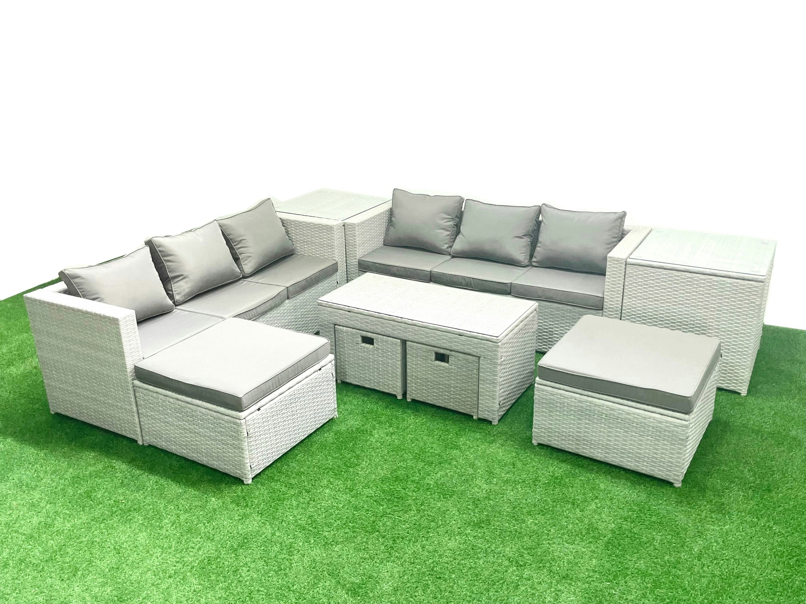 Fimous Grey Outdoor Rattan Garden Furniture Set With Cushions Luxury 10 Seater With Coffee Table And 2 Side Tables For Conservatory,Patio