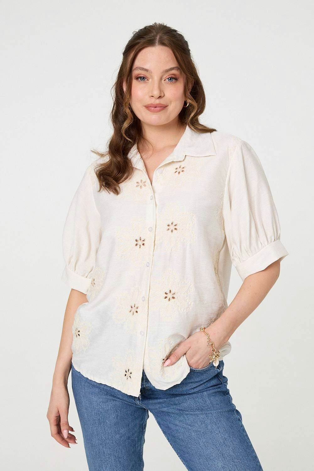 Izabel London Cream Floral Embroidered Puff Sleeve Blouse - S/M