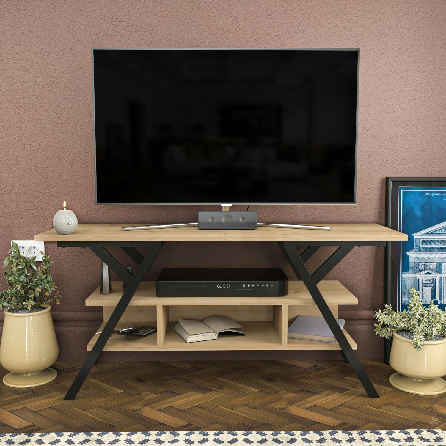 Decorotika Black Minerva Modern Tv Stand Tv Cabinet For Tv's Up To 55" - Oak