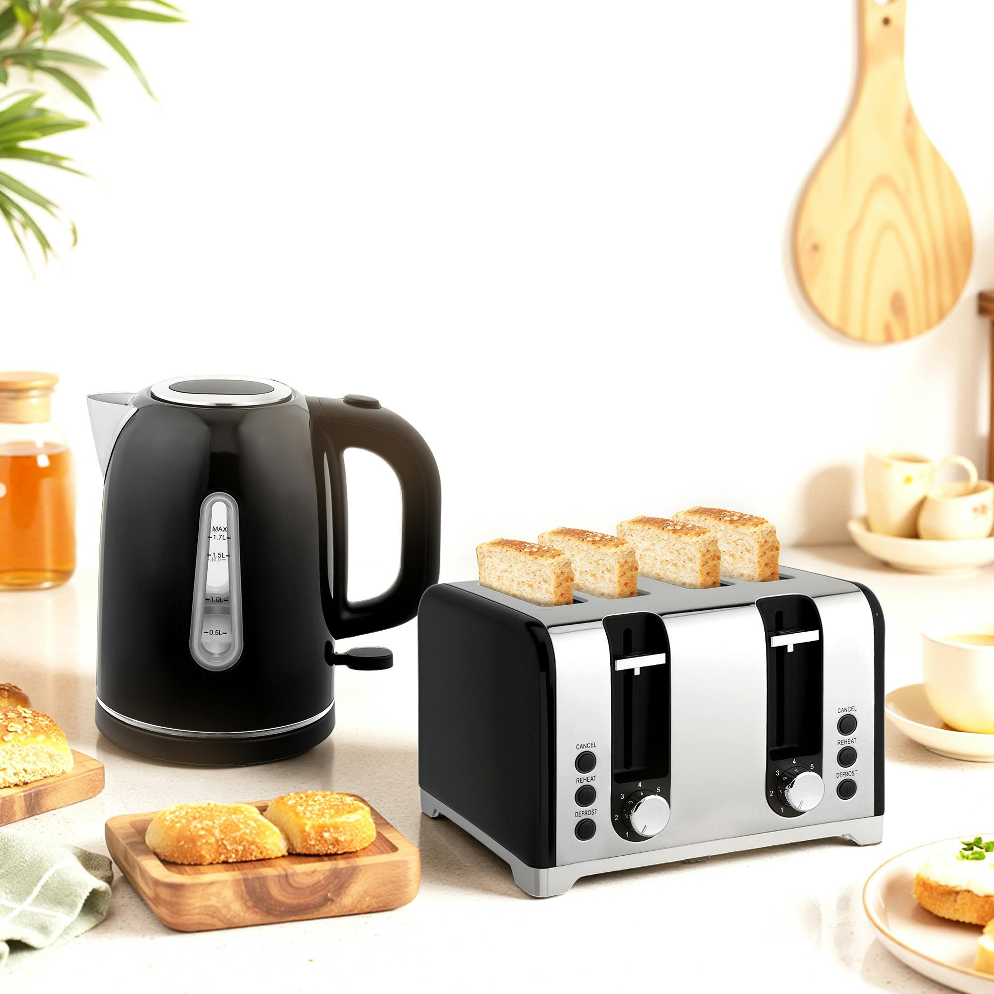 Homcom Black 4 Slice Wide Slot Toaster And 1.7L Rapid Boil Kettle Set,